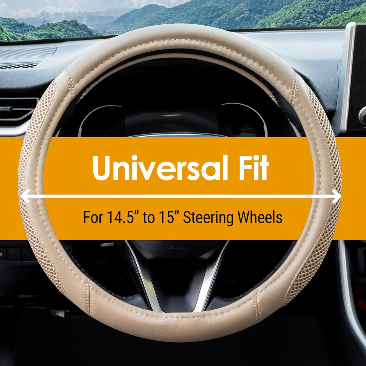 Cool Mesh Grip Car Steering Wheel Cover with Breathable Grip, Premium Faux Leather, Universal fit for All Cars, SUV, Mini-Van and Mid-Size Trucks with Steering Wheel Size 14.5" to 15"