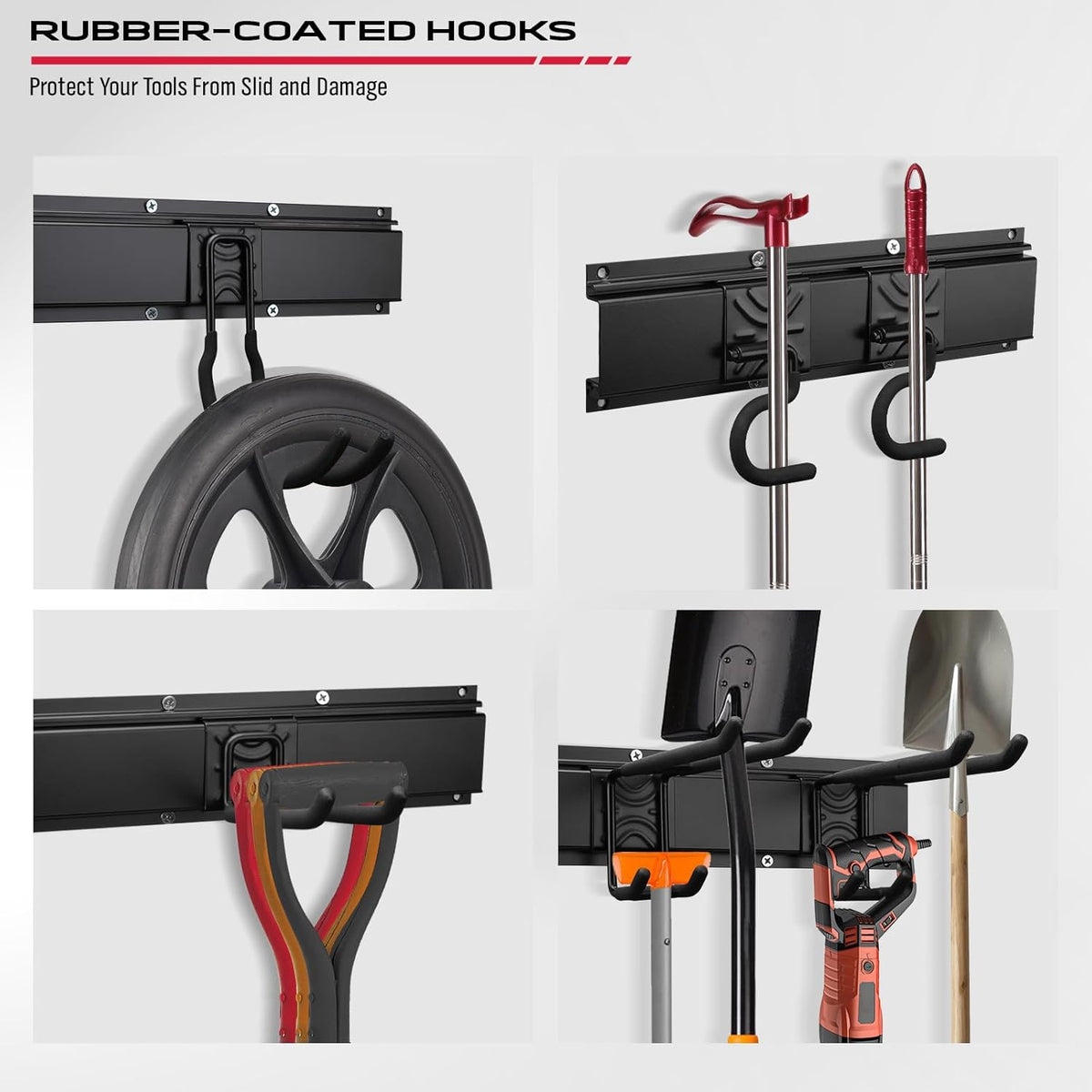 64" Heavy Duty Garage Storage Tool Organizer Wall Mount - Tool Rack with Adjustable Hooks, Anti-Rust, 300lbs Capacity - Easy Installation (4 Racks, 10 Hooks, 3 Straps)