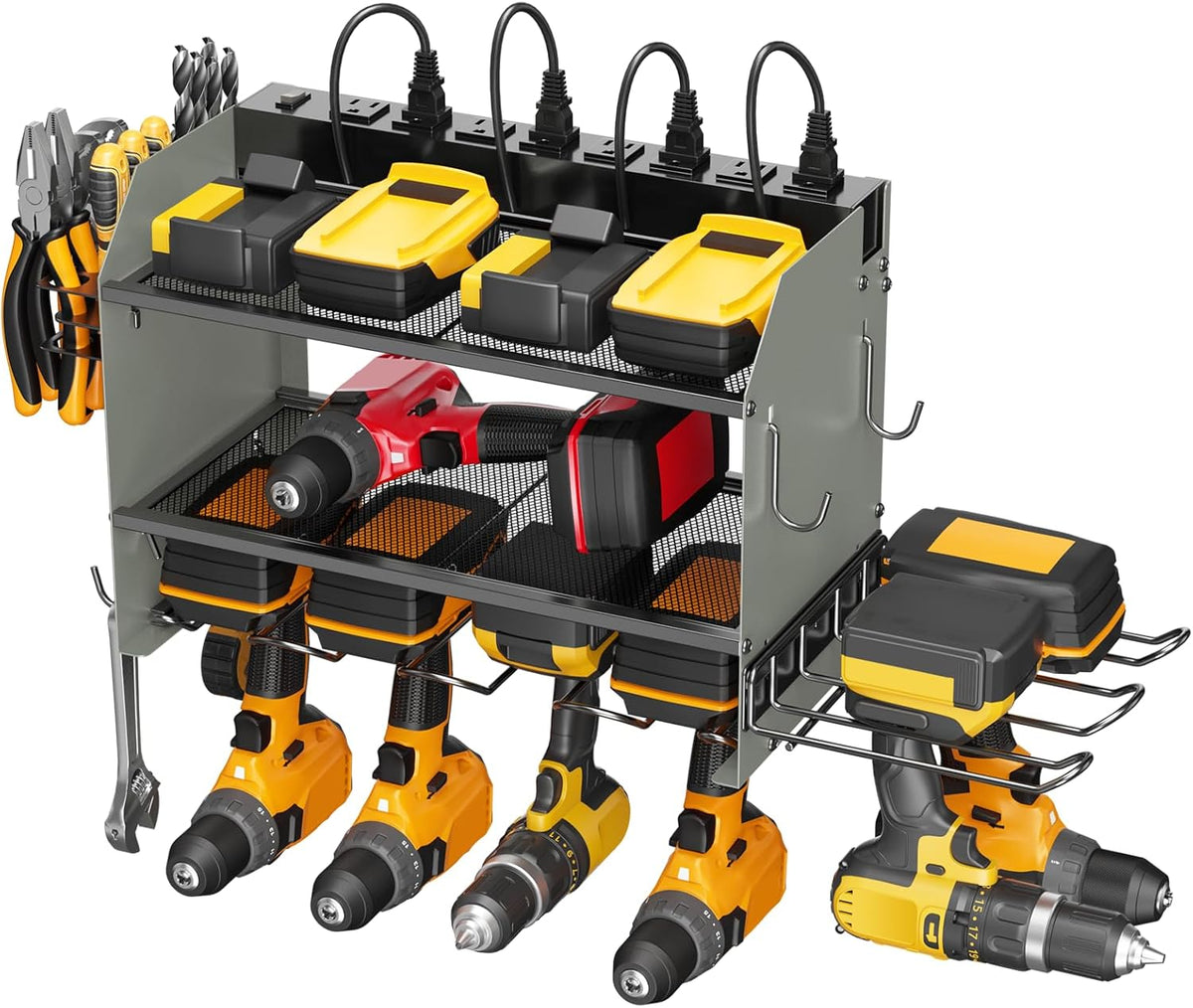 CCCEI Modular Power Tool Organizer Wall Mount Charging Station, Grey 6 Drills Holder with 8 Plug Power Strip 6FT, Garage Drill Battery Heavy Duty Metal Shelf, Utility Rack with Hooks, Side Storage.
