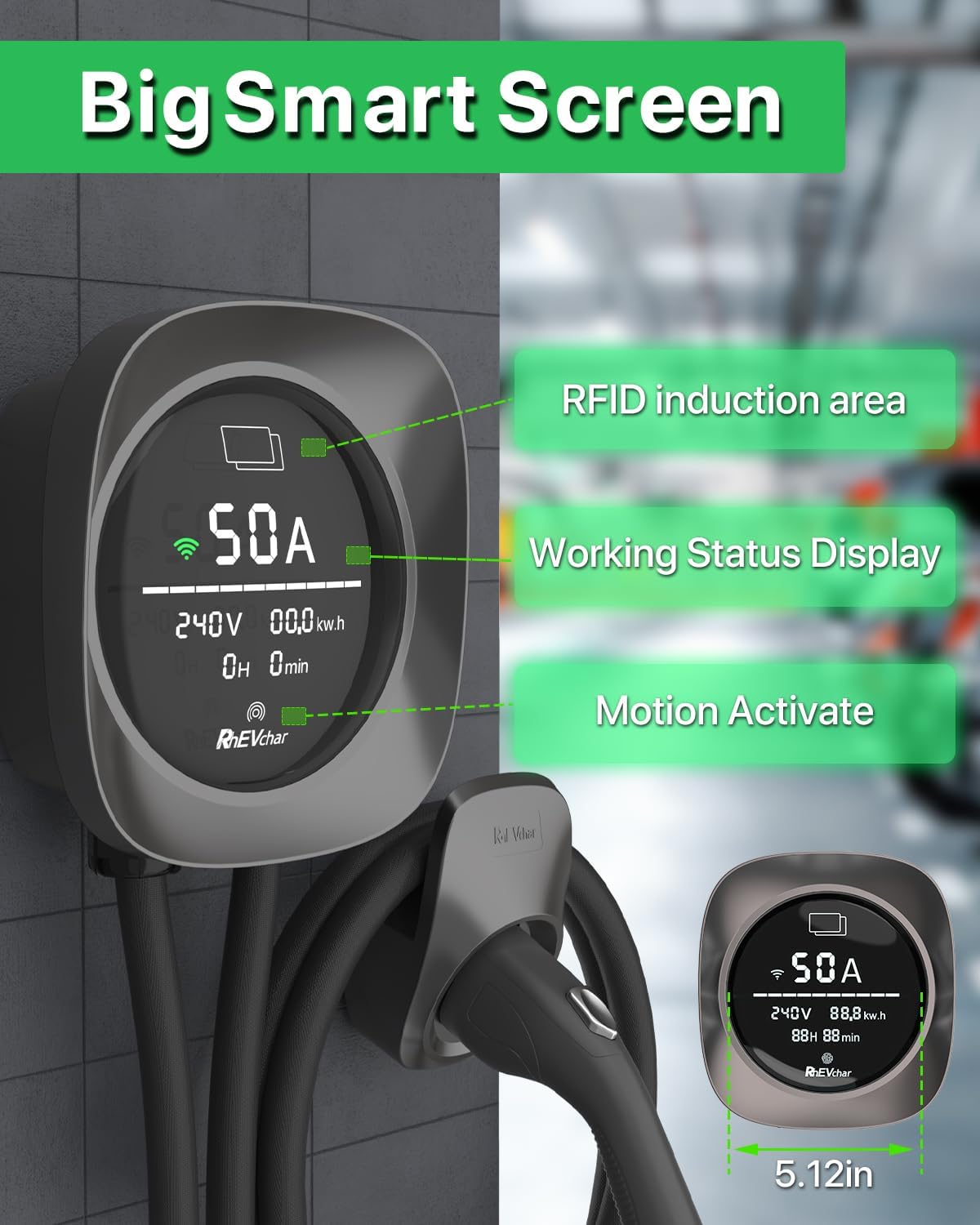 Level 2 EV Charger 50 Amps Smart Motion Sensor Screen Electric Car Charger for Home with WiFi, RFID, 240V, NEMA 14-50 Plug or Hardwire, 25FT Cable APP Controlled Vehicle Chargers for All EVs