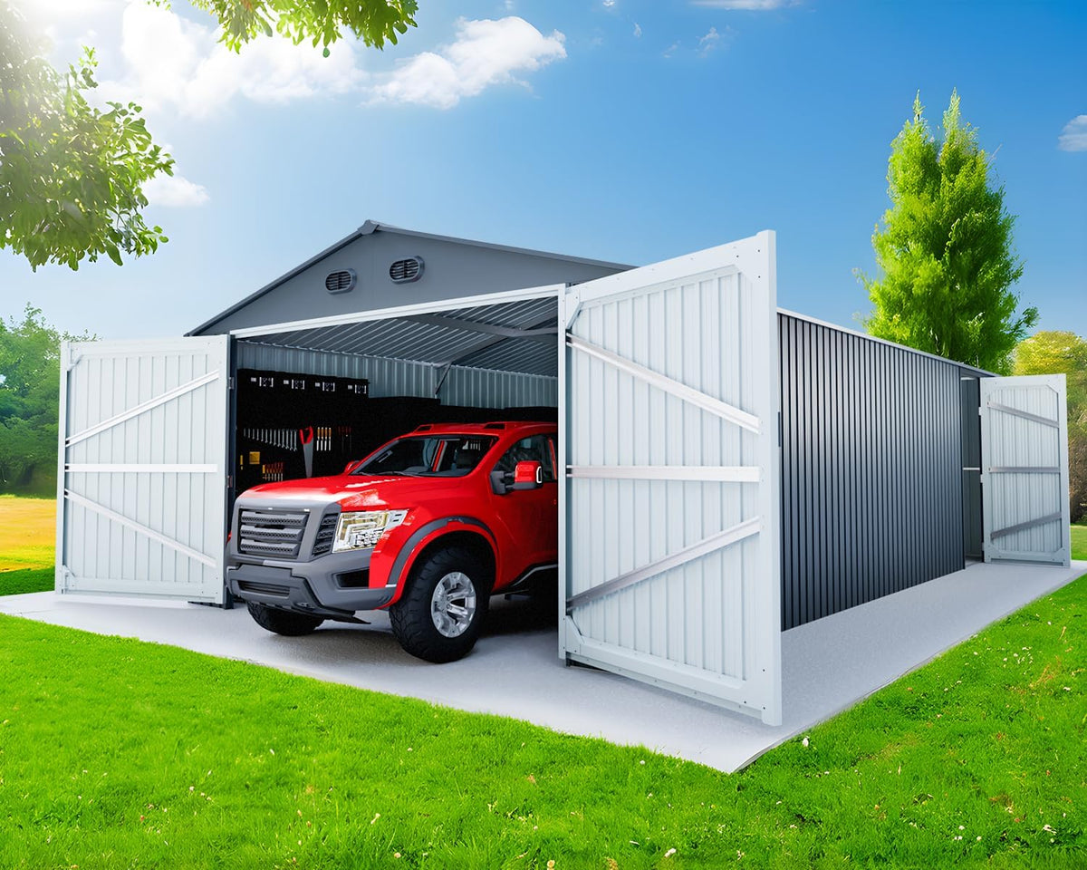 20x13 Metal Shed, Metal Garage Building with 2 Lockable Doors, Prefab Garage Shed with 4 Air Vents, Large Sheds & Outdoor Storage Clearance, Car Sheds for Truck, Tool, Lawnmower, Dark Gray