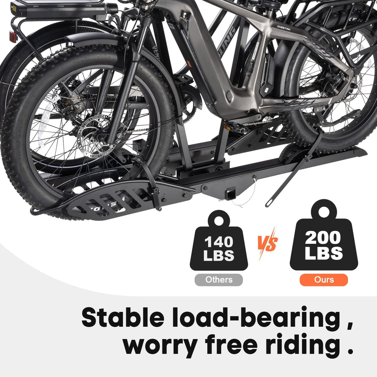 EBike Rack with Ramp, 200 lbs Capacity Heavy Bike Rack Electric Bike Carrier for 2 E-Bike, Foldable Bike Racks for Tow Hitch Up to 5-inch Fat Tire 2'' Receiver