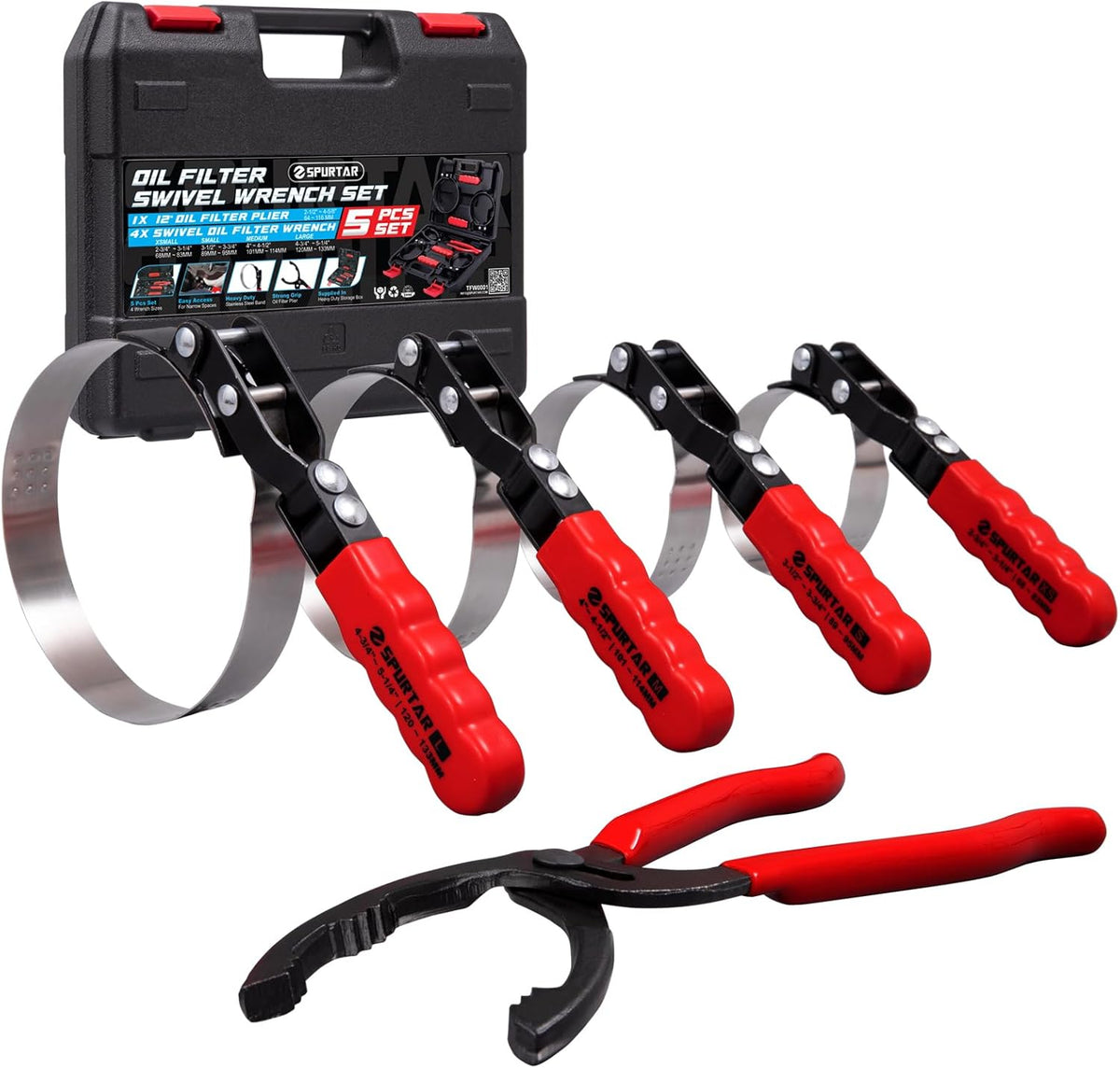 Spurtar Swivel Oil Filter Wrench Set of 5 Adjustable Wrench 2-3/4" to 5-1/4" (70-133mm) 12" Universal Oil Filter Removal Tool for 4S Shop Auto Repair Mechanic DIY Generator Small Engine