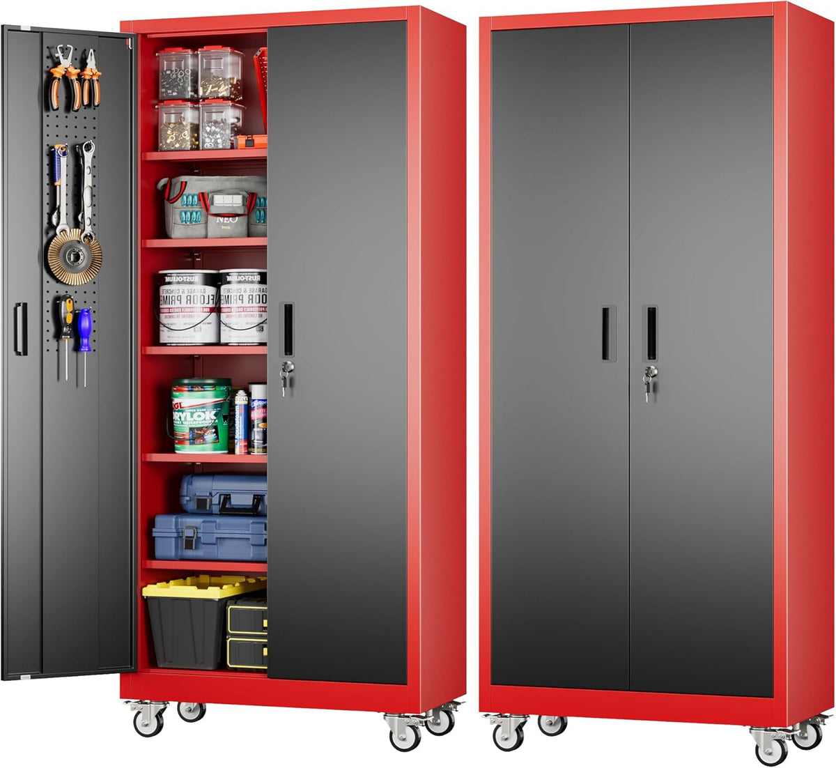 Garage Storage Cabinet with Pegboard and 5 Adjustable Shelves, 71'' x 32'' x 16''Metal Lockable Cabinet with Magnetic Doors,Tool Storage,Home Office Garage,Gym,School (Black-red)