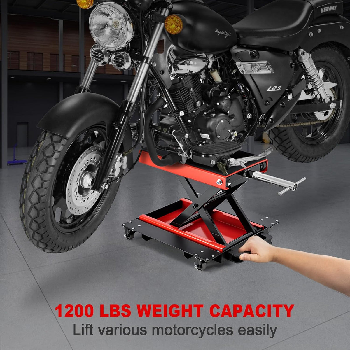CXRCY1200 LBS Motorcycle Jack with Dolly, Motorcycle Lift Scissor Jack Upgraded Dirt Bike ATV Steel Motorcycle Hoist Stand with Ratchet Wrench,Crank Handle,Thickened Rubber Pad,Wide Deck