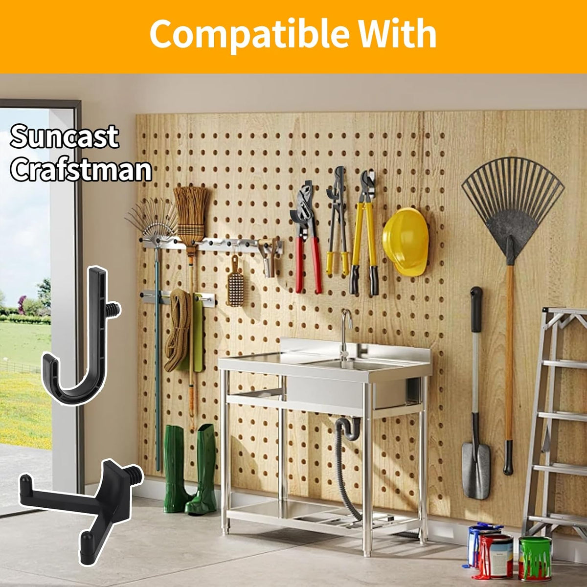 WIN&YING 6 Pack Storage Shed Hooks for Suncast, Black Single-Head J Hook & Double-Head V Hook Set, Storage Sheds Tool Hangers Organization Accessories for Hanging Shovels & Rakes & Scissors Tools