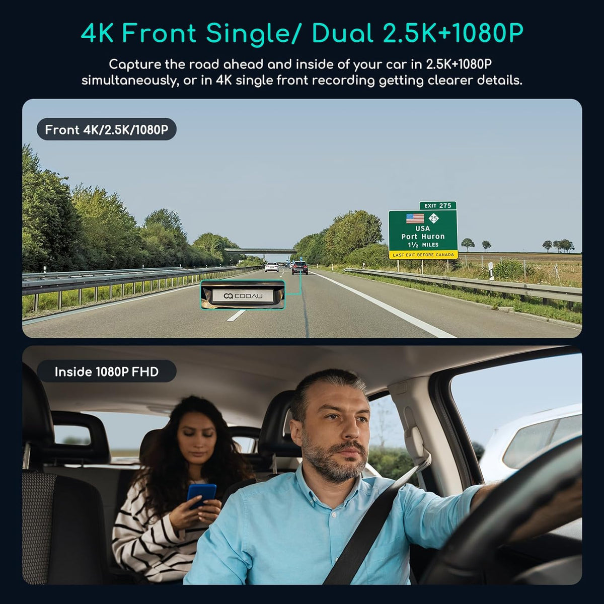 COOAU D30S 4K Dash Cam with GPS Wi-Fi, Front and Inside Dual 2.5K 1080P, Uber Car Camera with Infrared Night Vision, Supercapacitor, 4 IR LEDs, G-Sensor, Parking Mode, Loop Recording