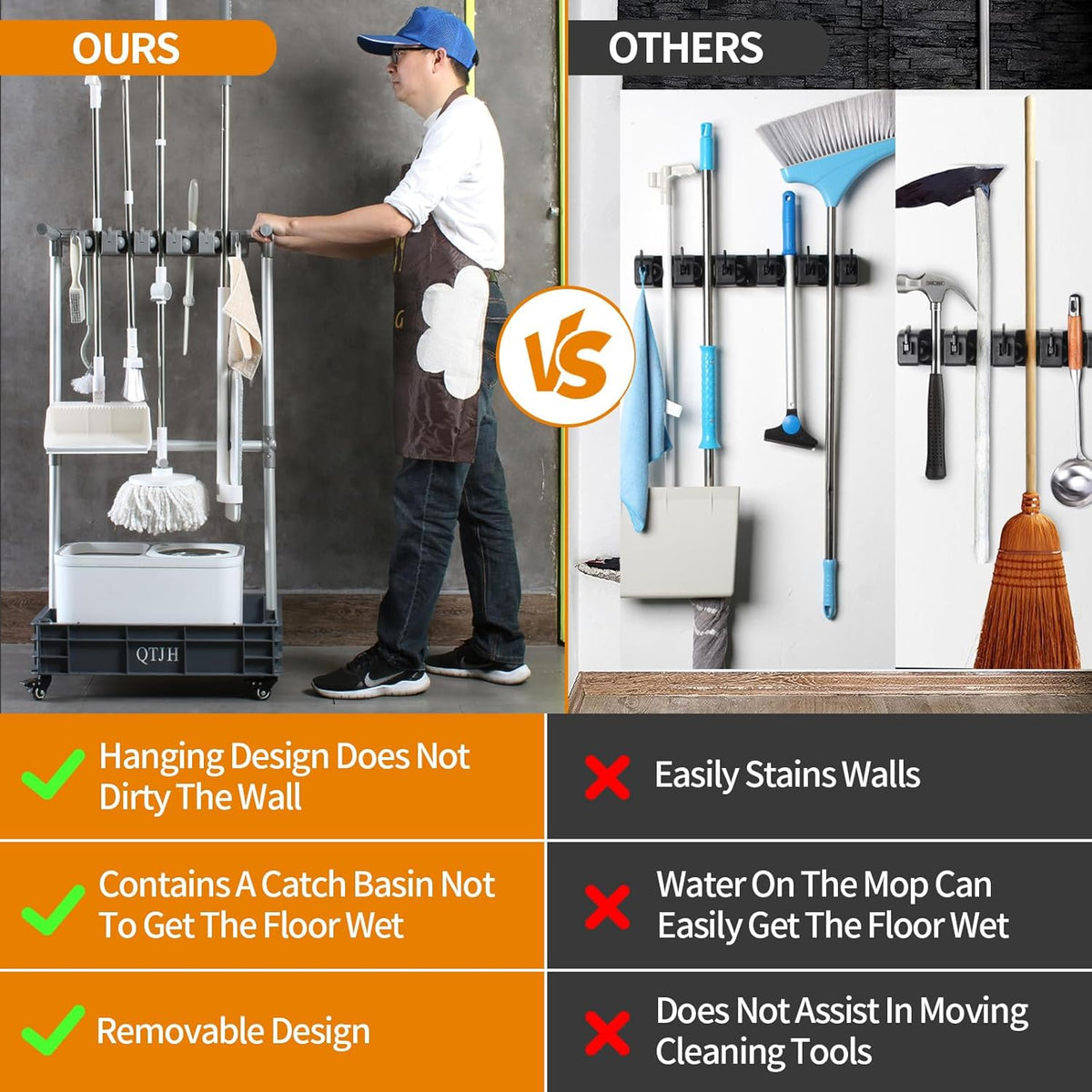 Broom mop holder cleaning supplies organizer janitorial carts on wheels housekeeping station storage tools for garage, garden, closet, cabinet.