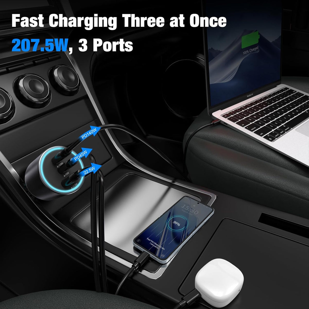 140W USB C Car Charger, Super Fast Charging for iPhone 16 Pro Max/MacBook Pro/Air/Samsung S25, Drone, PD3.1&PPS 45W Type C Cigarette Lighter Adapter, Laptop Car Charger with a 100W E-Mark Cord