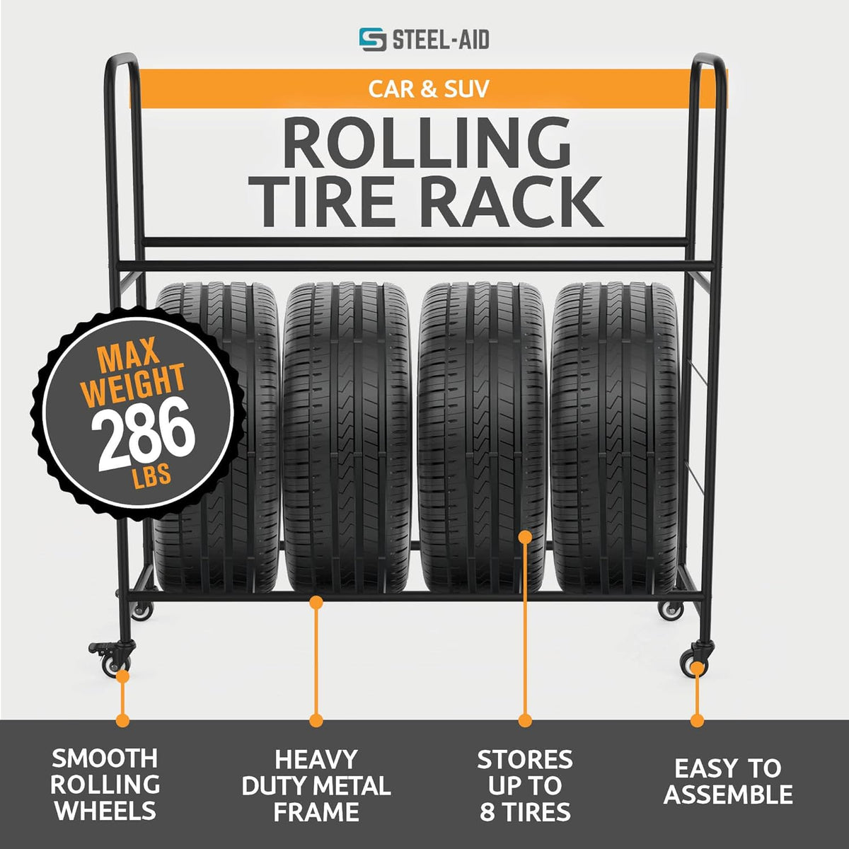 Rolling Tire Rack – Metal, Adjustable, Tire Stand & Protective Cover, Included 4 Adjustable Non Rolling Legs [Updated 48'' L with 4 Wheels Included]