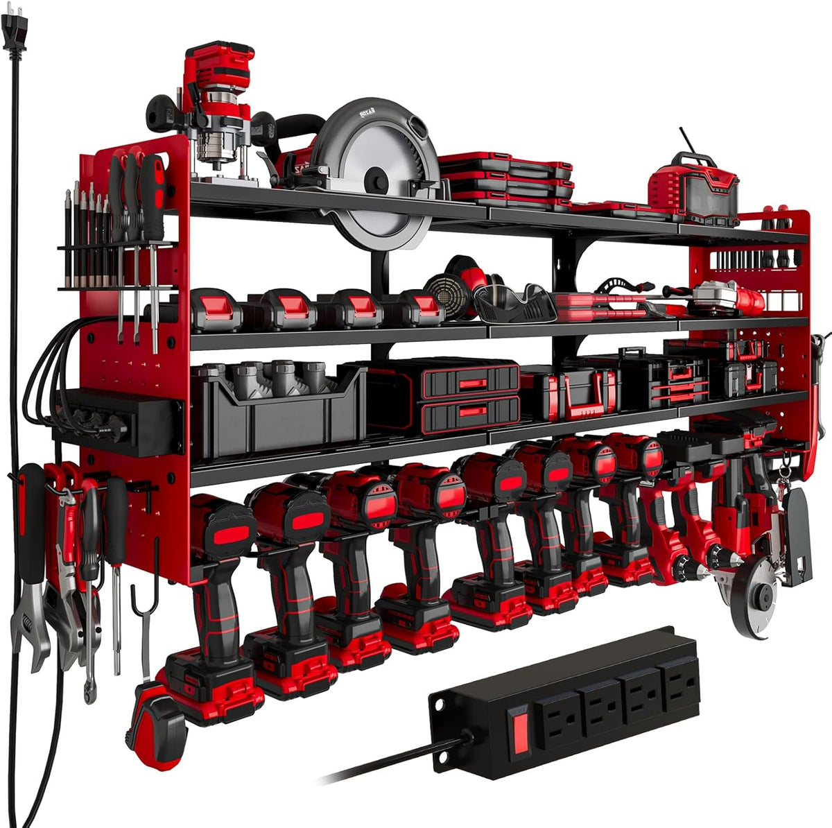 12 Cordless Drill Holder Large Power Tool Organizer Wall Mount with Side Pegboard & Screwdriver Holder, 4-Tier Heavy Duty Metal Tool Storage Rack with 4-Outlet Power Strip