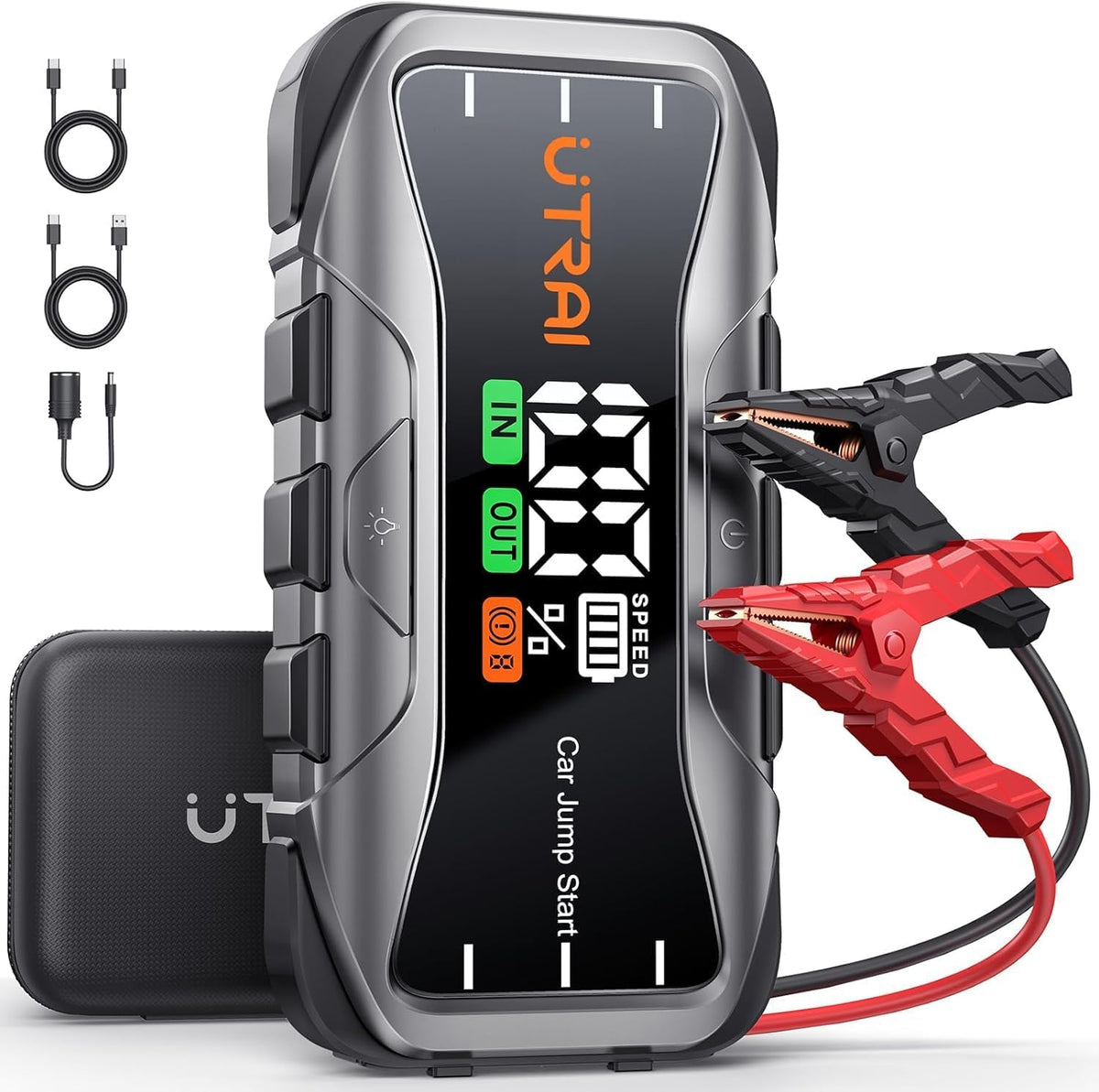 UTRAI 6000A Portable Jump Starter for Car, 12V Battery Jumper 27000mAh Jump Box for All Gas and 12L Diesel Engines, 65W Fast Charging Type-C Jump Pack, 2 USB Output, DC Output, 600LM LED Flashlight