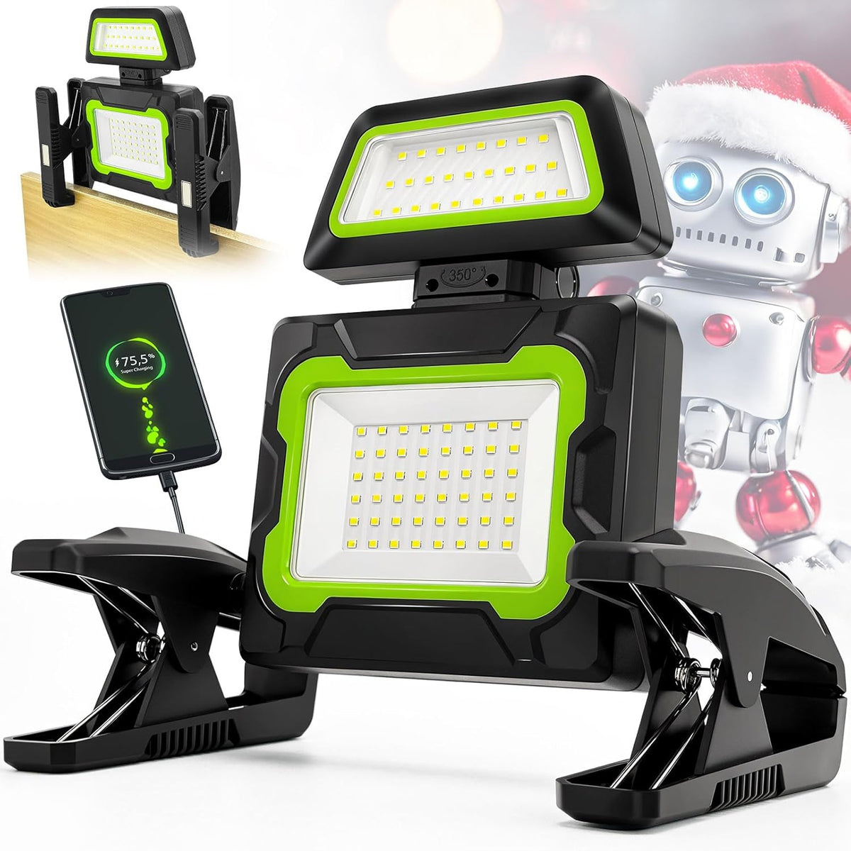 Rechargeable Work Light with Clamp, 3000 Lumen Magnetic Work Light Battery Powered with 5 Light Modes, 350° Rotation, Portable Job Site Lighting for Construction Site, Workshop, Car Repairing