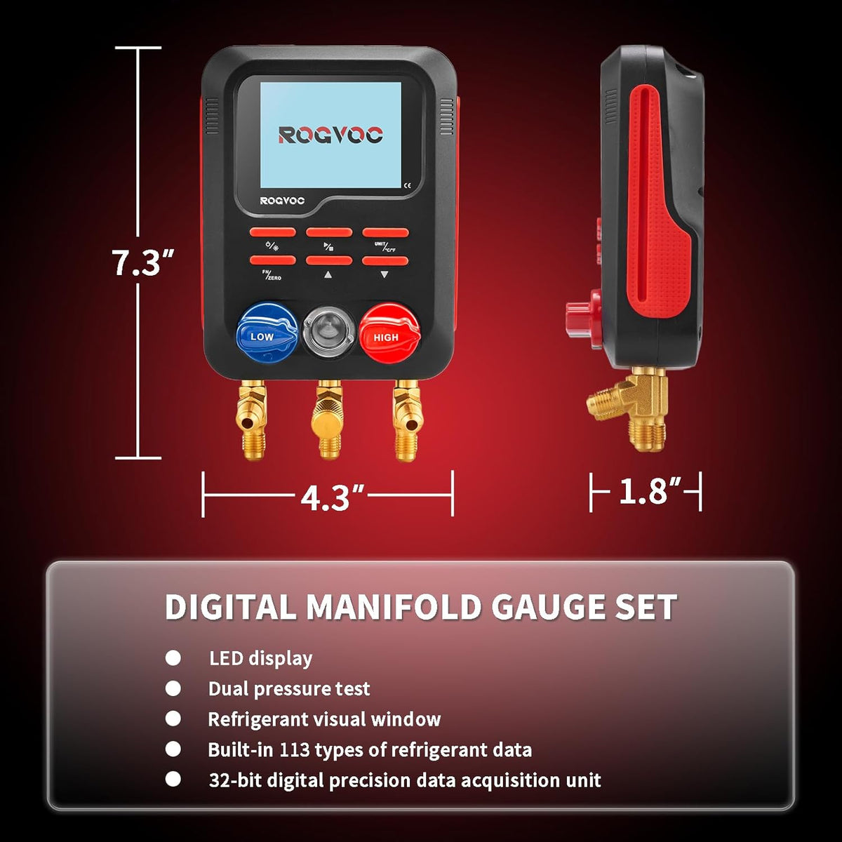 Digital Manifold Gauge, HVAC Refrigerants Digital AC Gauges Set with 2 Thermometer Clamps and 3 Hoses, for R22/R410A/R134A/1234YF Refrigerant Recharge Kit, Black