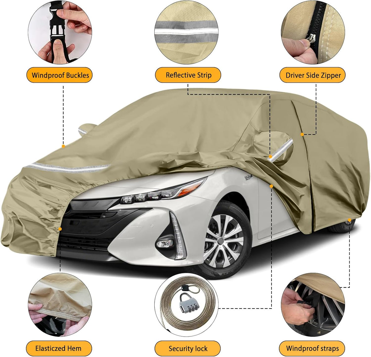 Waterproof Car Covers Replace for 2004-2025 Toyota Prius, Multilayer Heavy Duty with Cotton Liner All Weather Custom-fit Car Cover with Zipper Door, Windproof Bands for Snow Rain Dust Protection