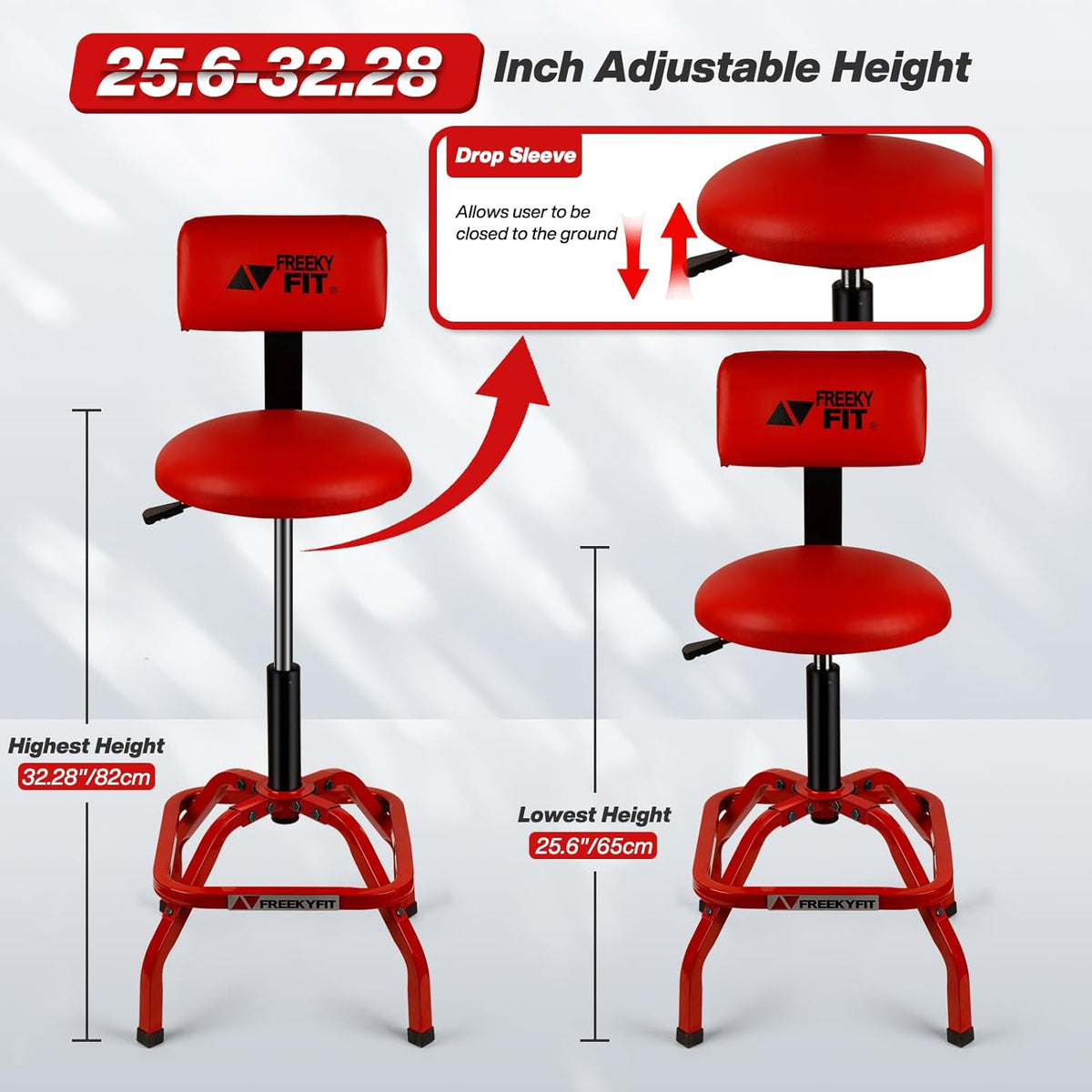 Shop Stool with Backrest, Mechanic Garage Stool for Workshop, Adjustable Shop Stools Chair, Padded Workbench Stools for Men Women, 300 LBS Capacity, 360° Swivel PVC Seat, Heavy Duty, Red