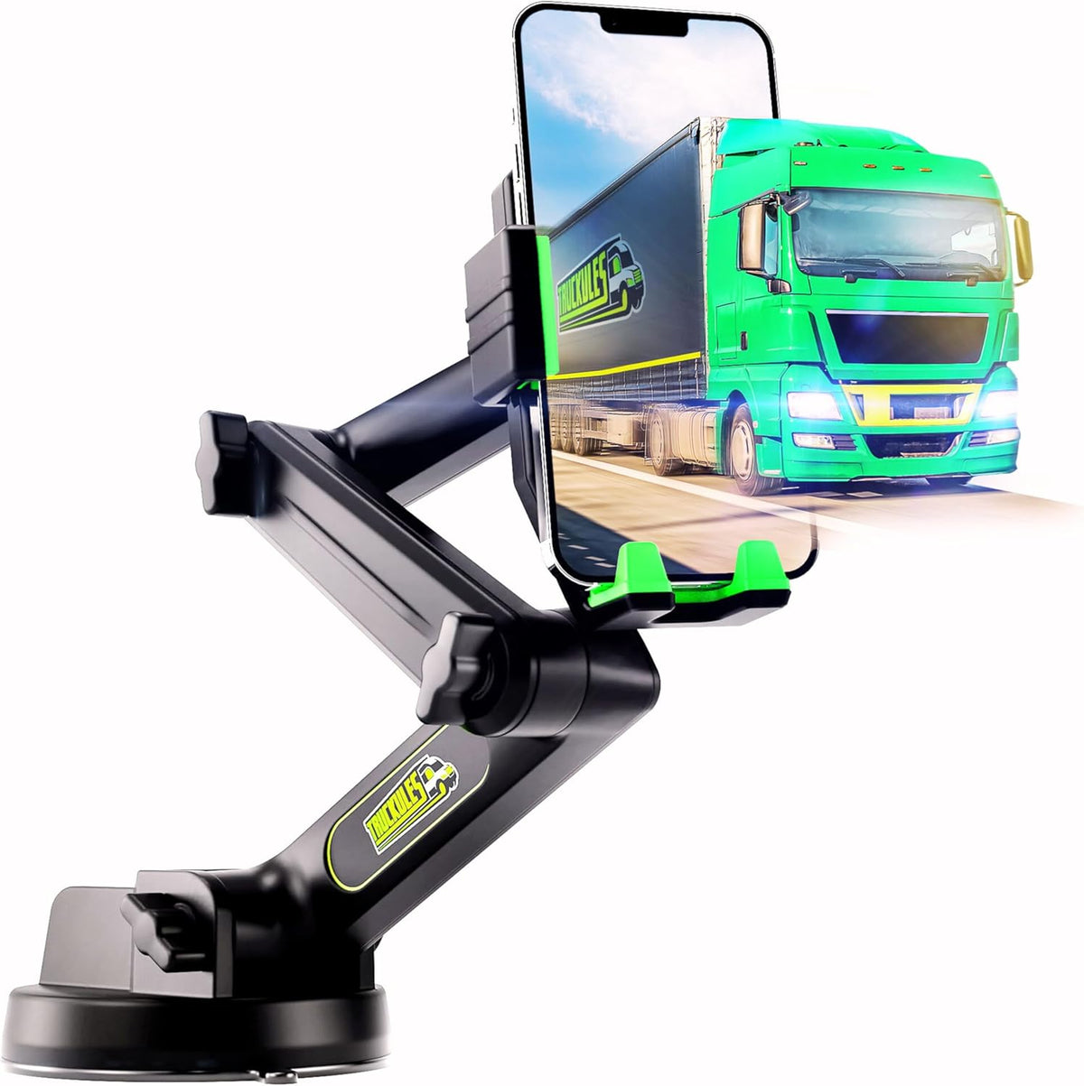 Phone Mount for Truck Phone Holder for Truck - Heavy Duty Super Suction Cup, Mobile Device Holder Dashboard Window 16.9 inch Long Arm & Stable, iPhone & Samsung Compatible, Commercial Trucker, Green