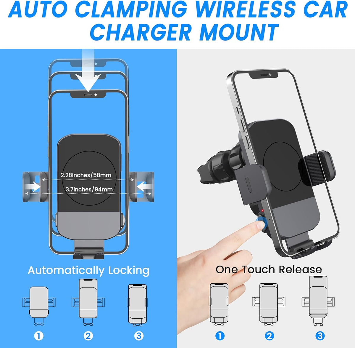 Wireless Car Charger, Fast Charging 15W Auto Clamping Car Charger Phone Holder Phone Mount for iPhone16 15 14 13 12 11 Pro Max Xs, Samsung Galaxy S24 Ultra S23 S22 S21 S20 S10+ Note 9, etc