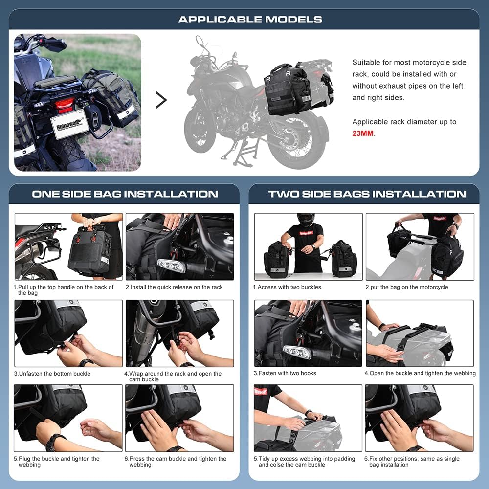 Rhinowalk Motorcycle Saddle Bag Waterproof Motor Pannier Bag Luggage Pack Quick Release Motorbike Side Bag 20L (Black)