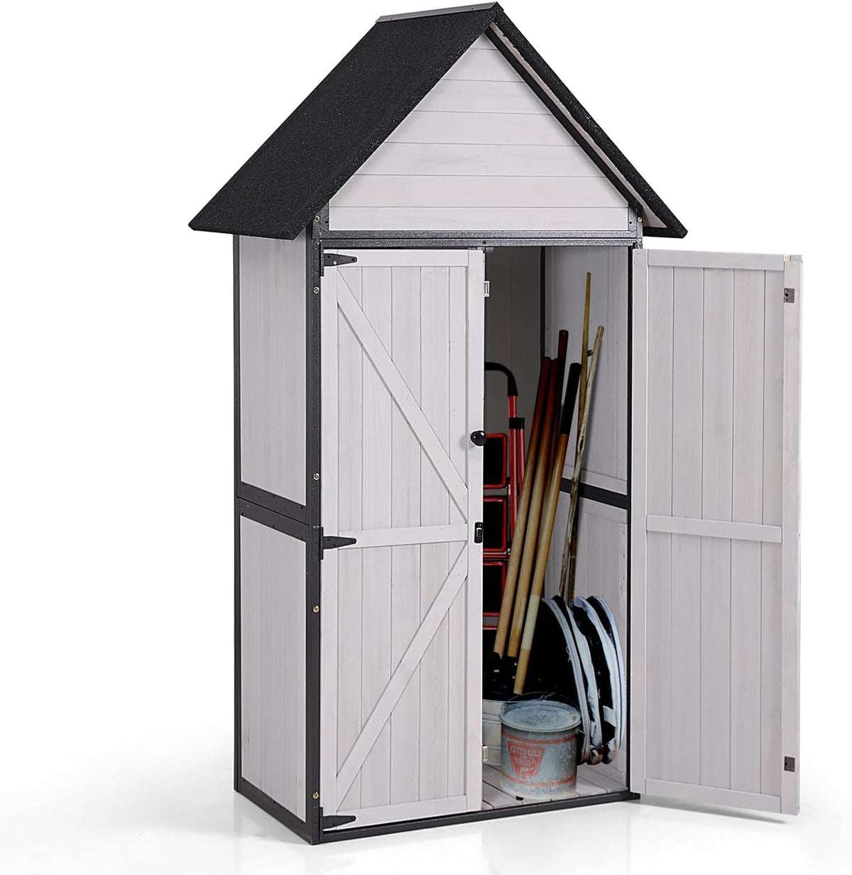 GUTINNEEN Sheds Outdoor Storage Wooden Garden Tool Shed with Metal Frame Sloped Roof and Adjustable 3 Tiers Shelves Outdoor Storage Cabinet for Backyard Garden Patio Lawn 67.1"(Off White)
