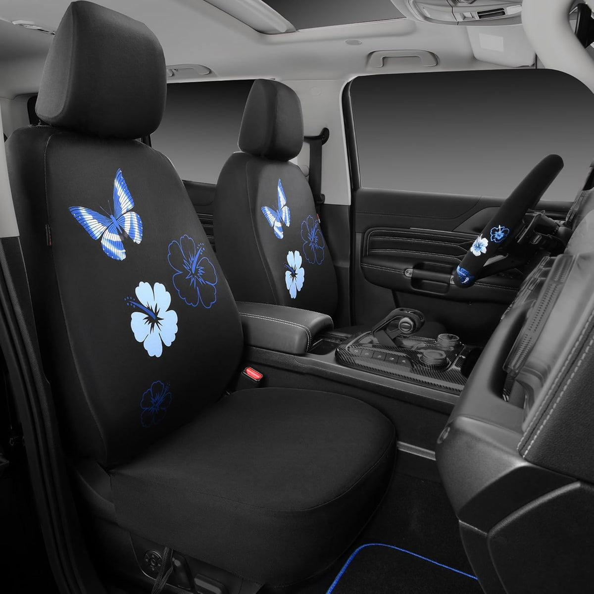 CAR PASS Blue Butterfly Car Seat Covers Full Set, Embroidered Flower Waterproof Car Floor Mats Carpet, Butterflies Steering Wheel Cover for Universal Car Accessories Interior Sets (Black and Blue)
