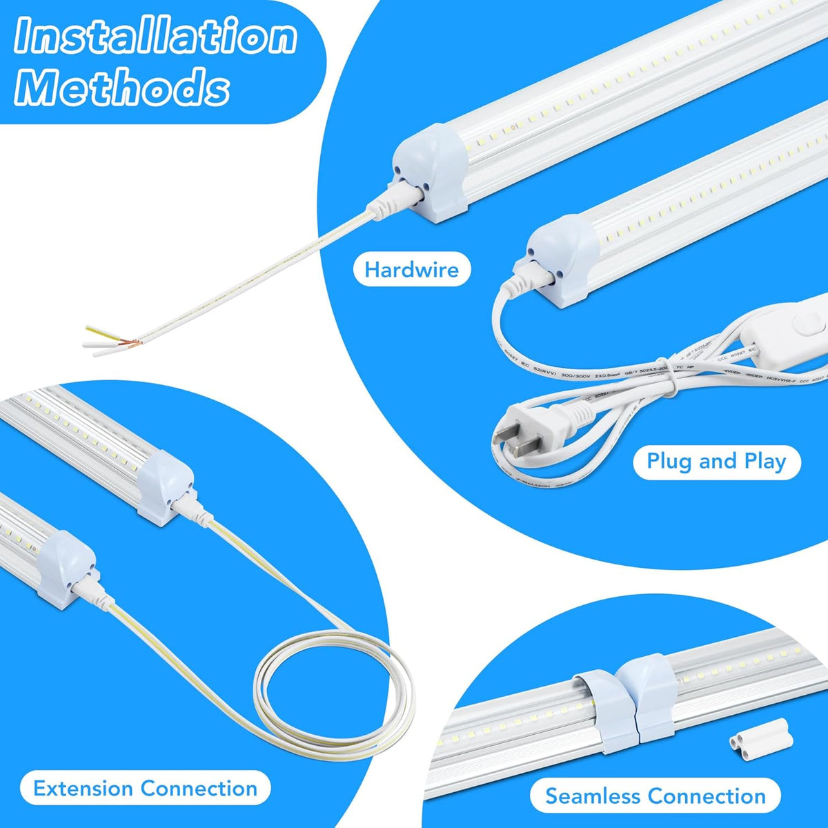 10 Pack 8FT T8 LED Shop Lights, 100W Integrated Tube Light, 19200LM 6000-6500K Daylight, Linkable Lighting, Plug & Play Energy-Saving Commercial Bay Lighting Garage Warehouse Basement (V2)