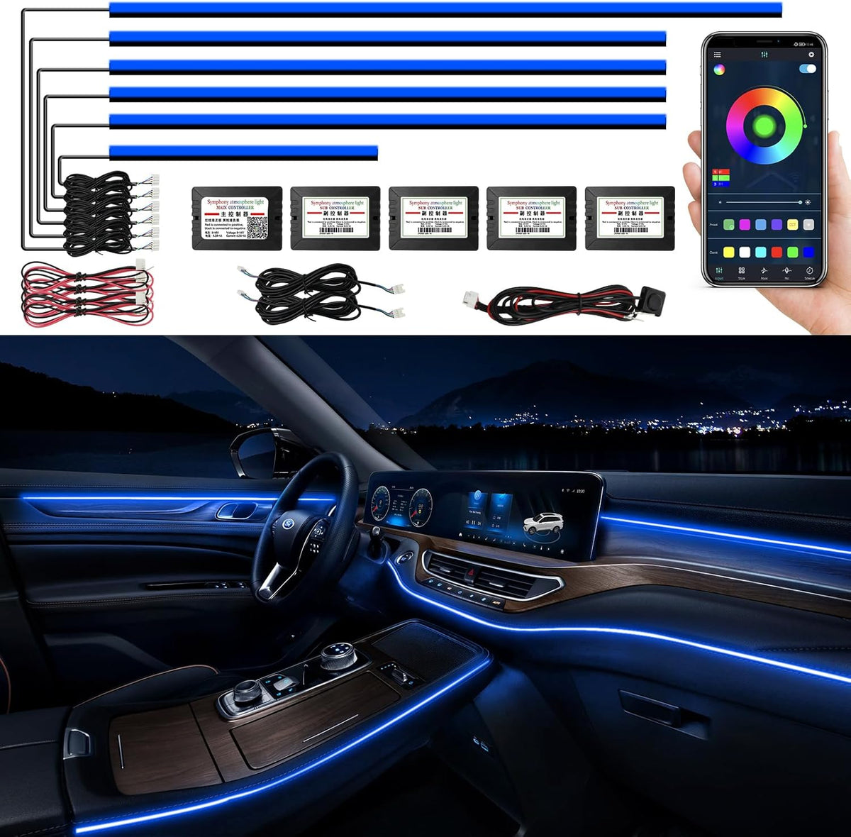 Acrylic Interior Car LED Strip Light with Wireless APP, RGB 6 in 1 & 175 inches 593 LEDs,Car Ambient Lighting Kits Sound Active Function Music Sync LED Strip for Car Accessories