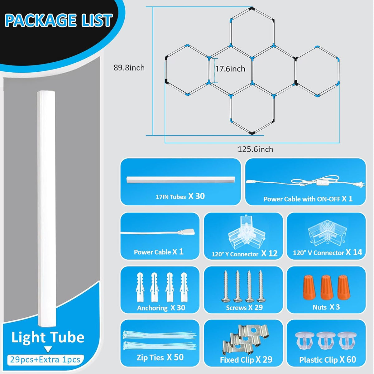 tewei Hexagon LED Garage Light, 6 Grids Hexagon Car Detailing Lighting Fixture 6500K Daylight White LED Shop Light, 265W, 26500LM Super Bright Ceiling Lights for Workshop, Warehouse, Gym, Basement