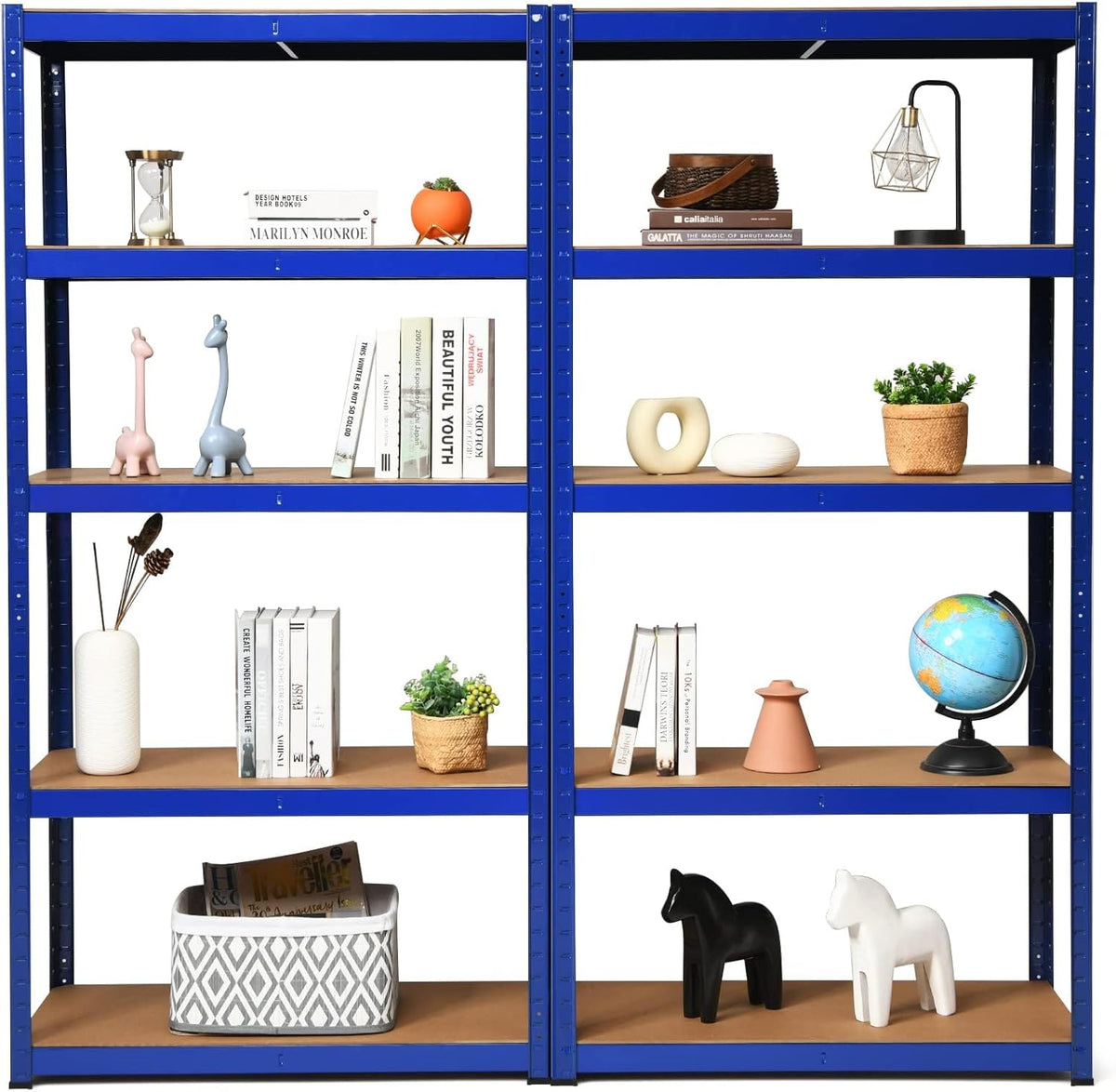 ERGOMASTER 5 Tier Utility Shelves Rack Garage Heavy Duty Steel Metal Shelving Unit with Adjustable Design, Bolt-Free Assembly & 380 LBS Wight Capacity Per Tier (Set of 2, Blue)
