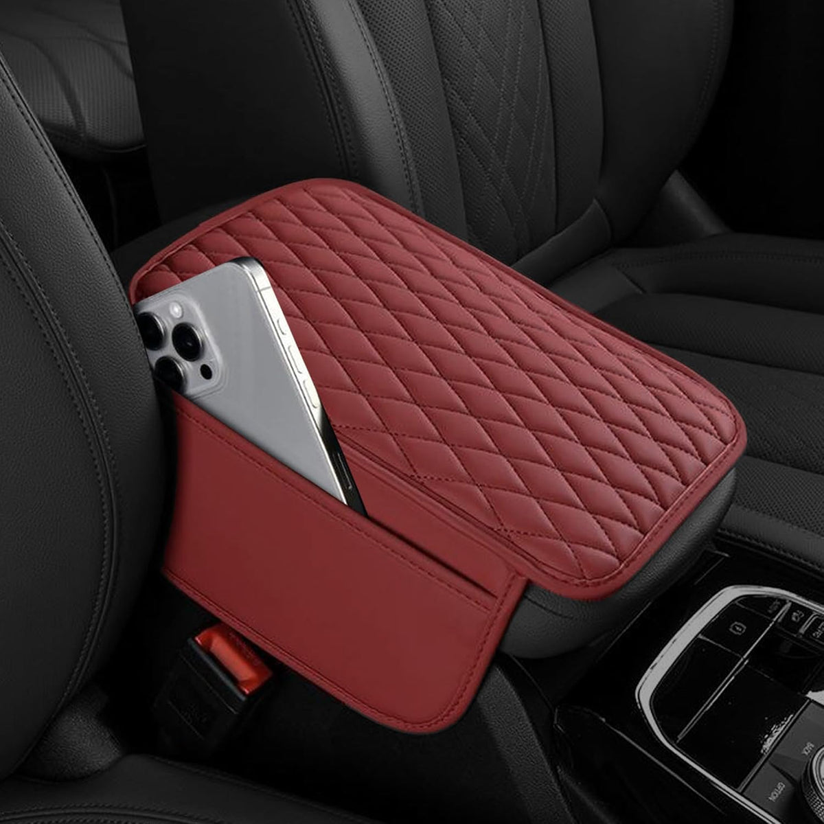 Car Center Console Cover, Upgraded Leather Armrest Seat Box Cover with 2 Storage Bags, Universal Waterproof Car Armrest Cover Cushion Comfortable Car Decor Accessories for Most Vehicles (Red)