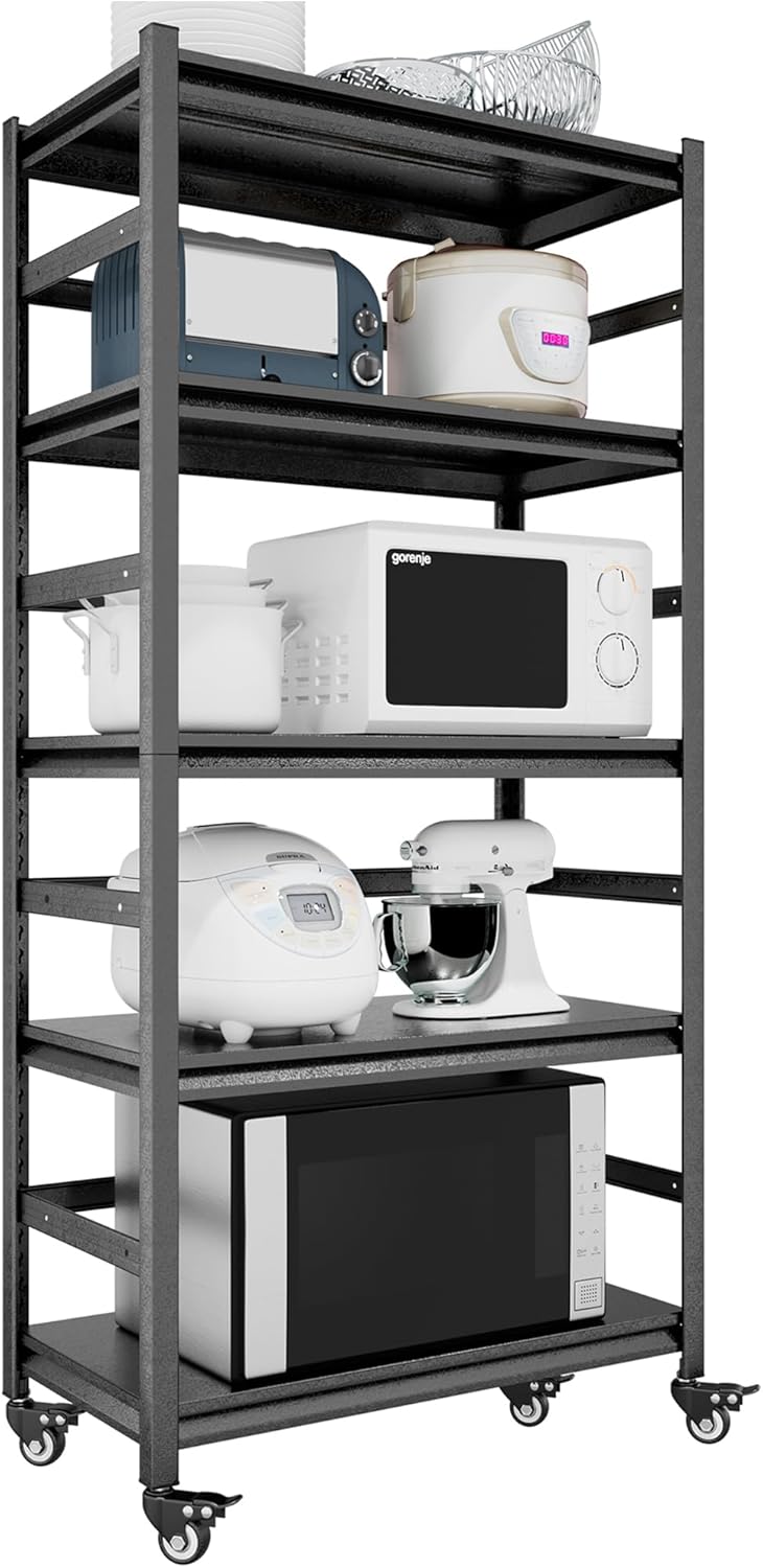 TOPKEY Metal Storage Shelf Garage Storage Shelves, Heavy Duty 5-Tier Utility Shelves for Kitchen, Warehouse, Pantry Shelves with Wheels, 72" H Adjustable Basement Storage Rack, Load 1750LBS