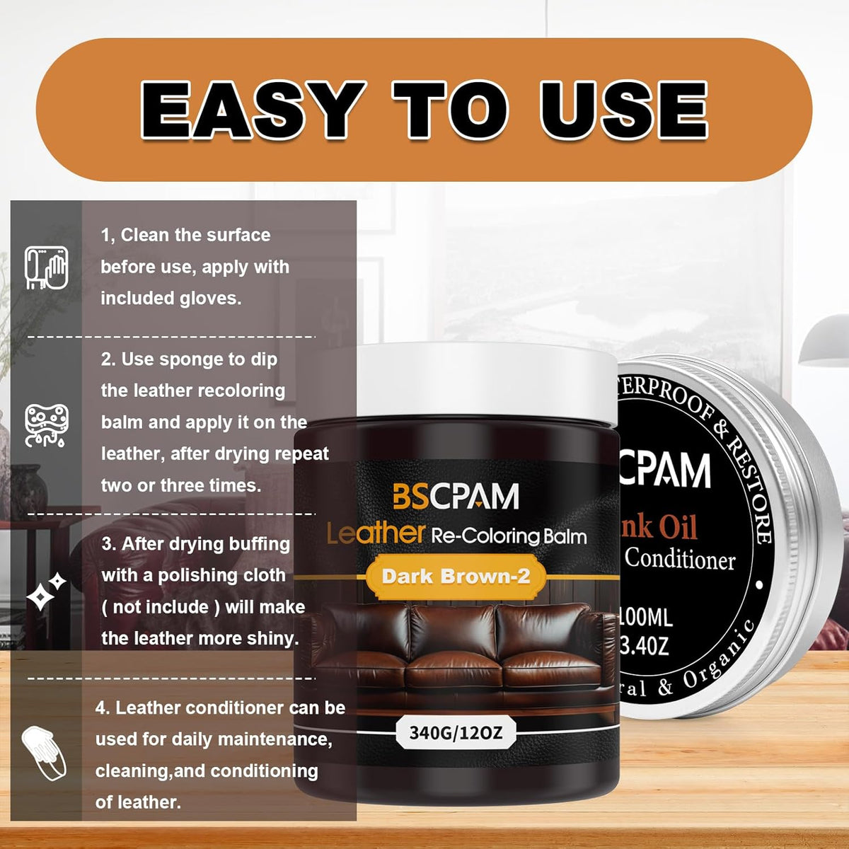 12oz Leather Recoloring Balm & 3.4oz Mink Oil Leather Conditioner kit,Dark Brown Leather Color Repair Kits for Couches, Leather Couch Paint Scratch Repair for Furniture Car Sofa Shoes Leather Dye