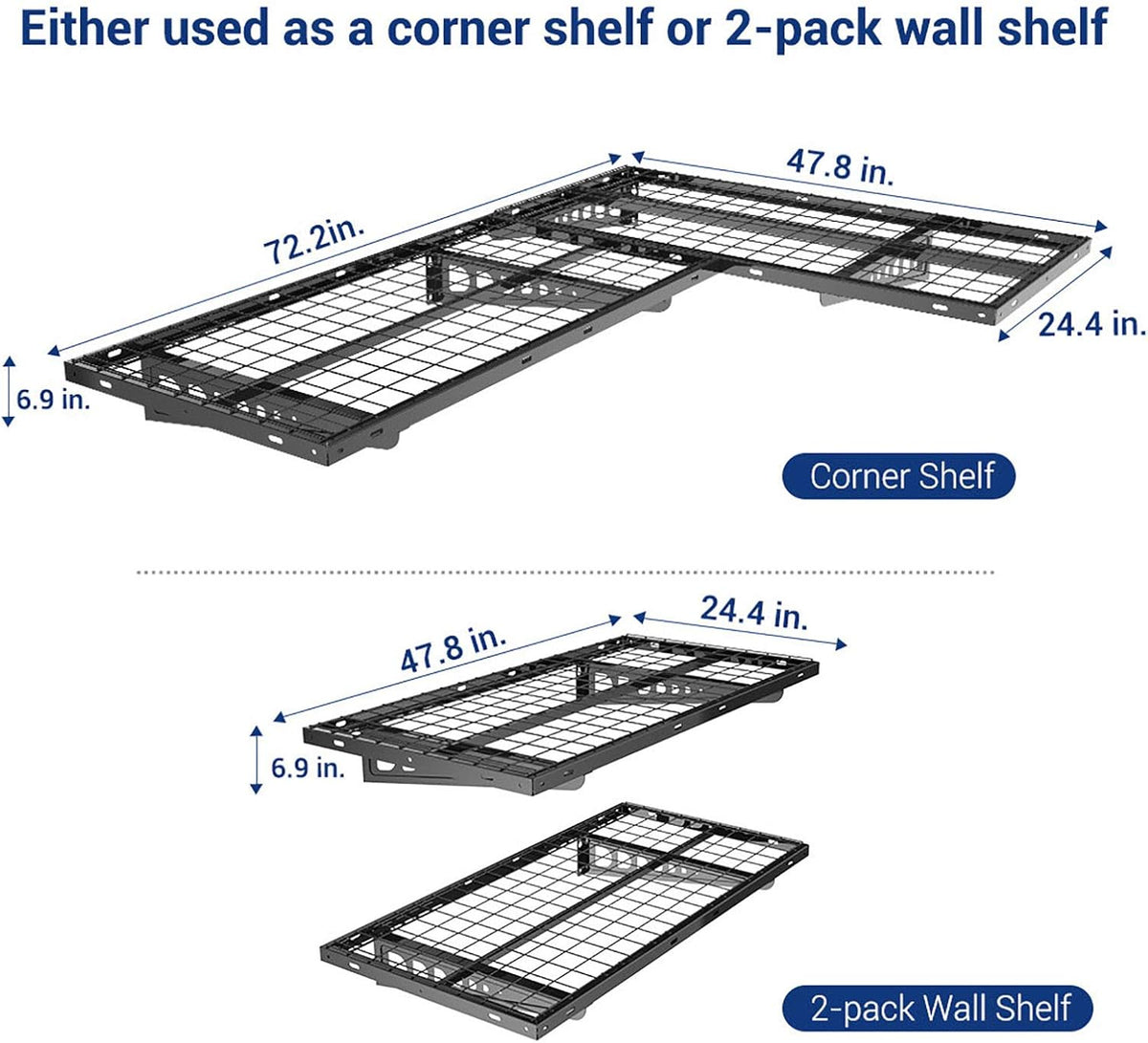 FLEXIMOUNTS 2 Pack 2x4ft Corner Wall Shelving Garage Storage Rack, 24x48 inch Floating Shelves, 440lbs Total Weight Capacity, Black