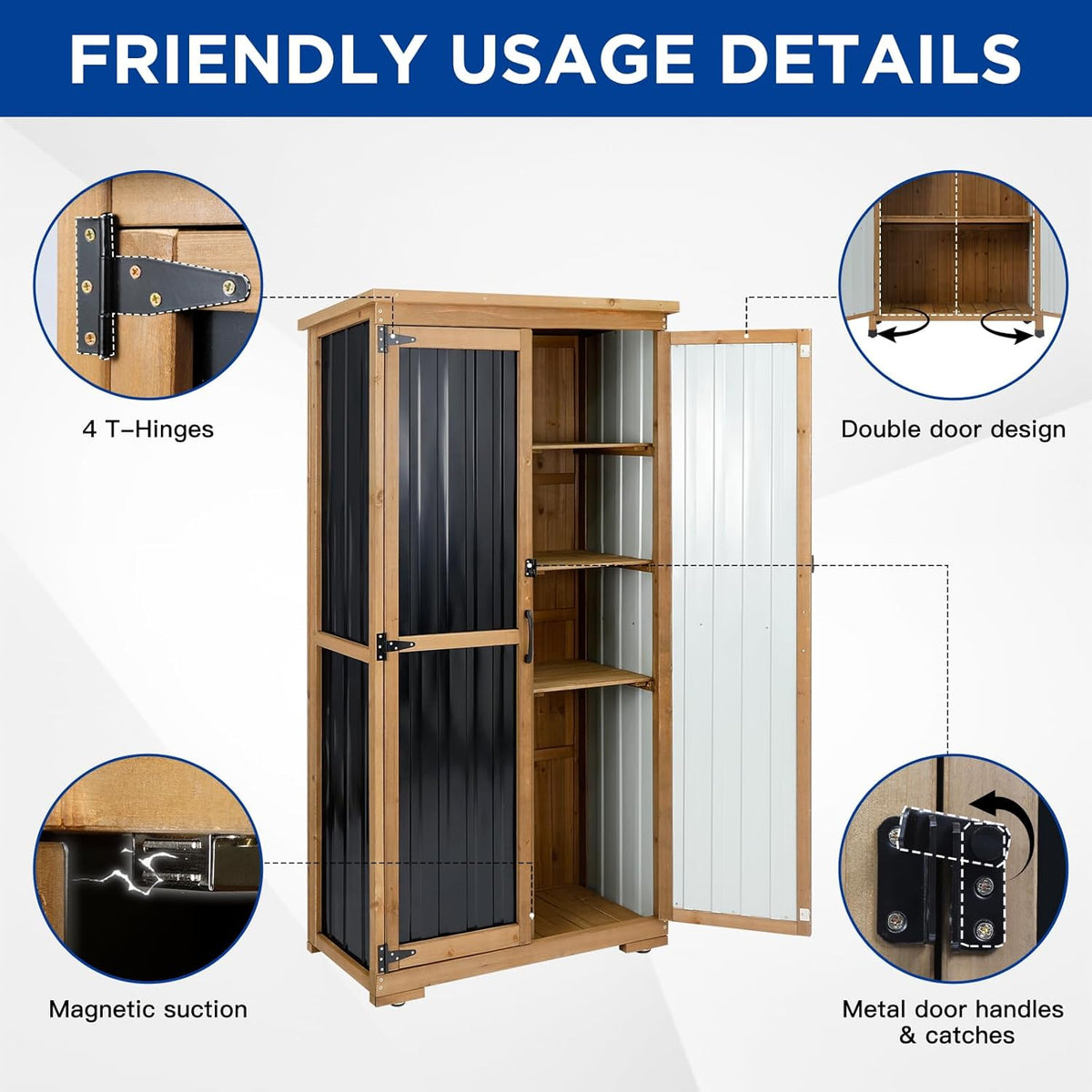 Outdoor Storage Cabinet Wood & Metal with Waterproof Roof, Garden Tool Shed with 3 Removable Shelves, 4 adjustable reinforced feet with metal brackets, 6 T-Hinge, magnetic door,15.6"D x 32.3"W x 66"H
