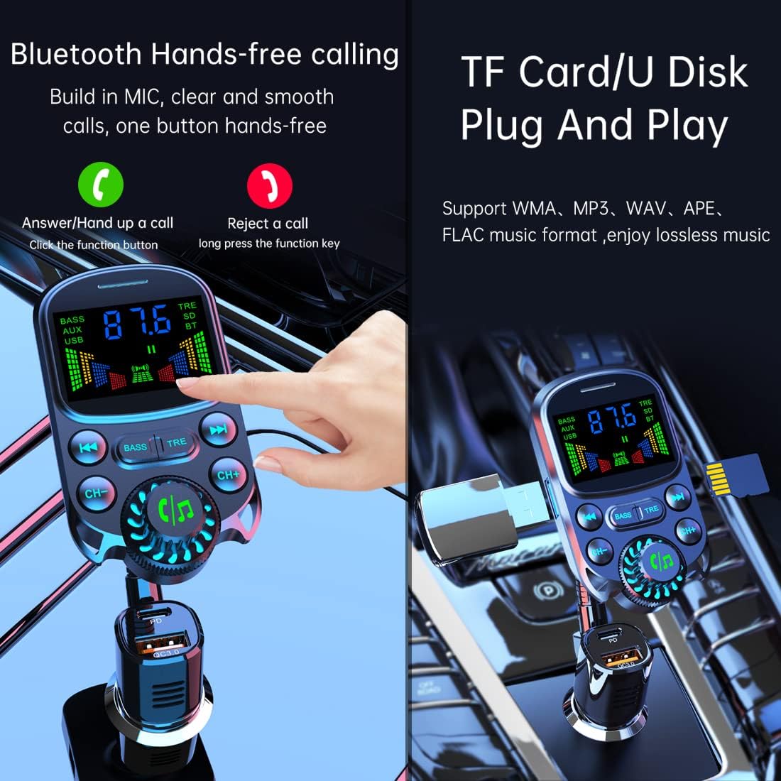 Colorful HD Lossless Sound Quality EQ Sound Adjustment Hands-Free Calling QC3.0 PS3.0 Fast Charge 1.5" Color Large Screen FM Microphone Bluetooth 5.3 Car Adapter