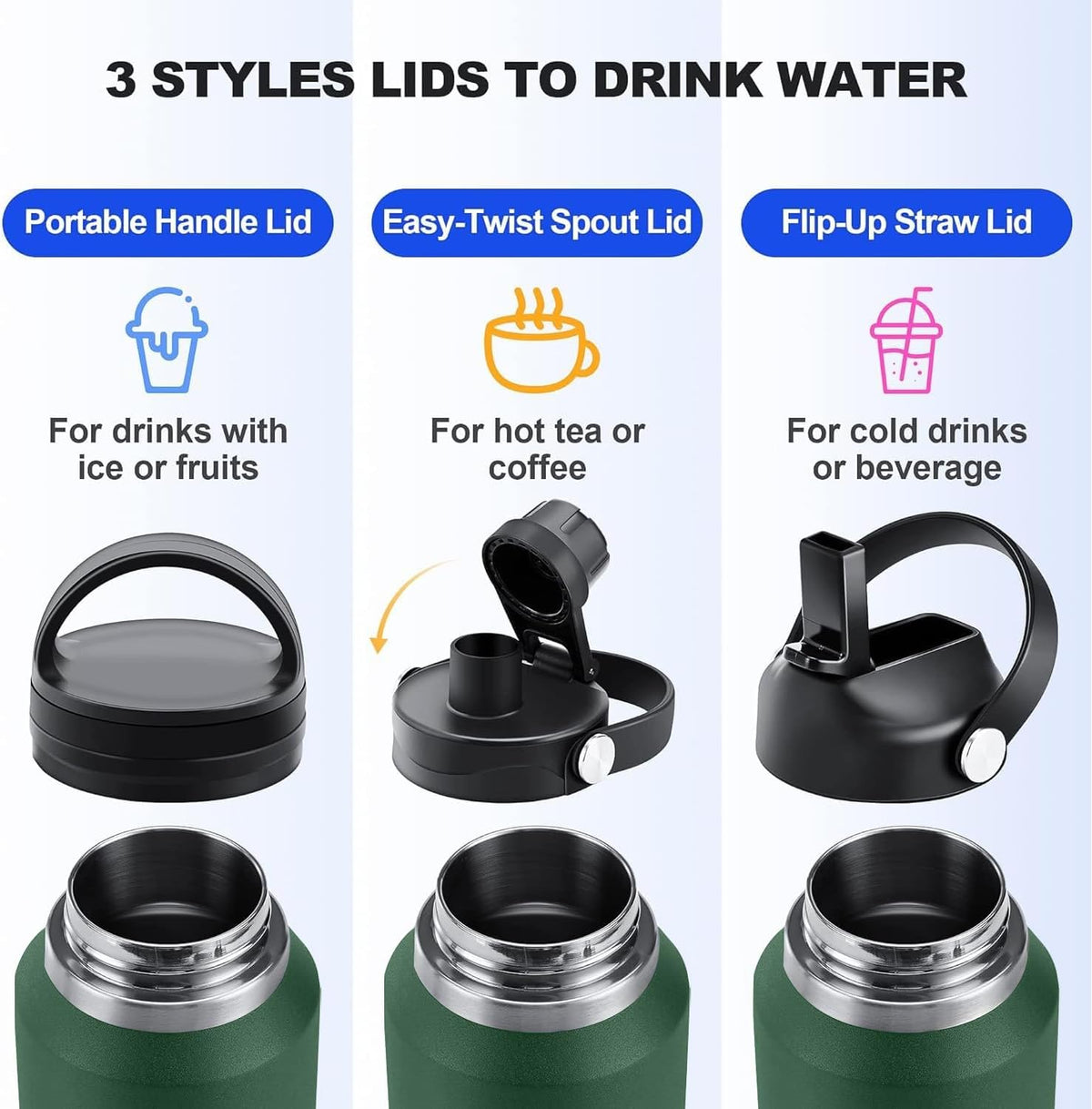 SENDESTAR 40oz Water Bottle Wide Mouth Stainless Steel Vacuum Insulated Double Wall with 2 Straw Lids Fit in Any Car Cup Holder TXIN-40-Dark Green