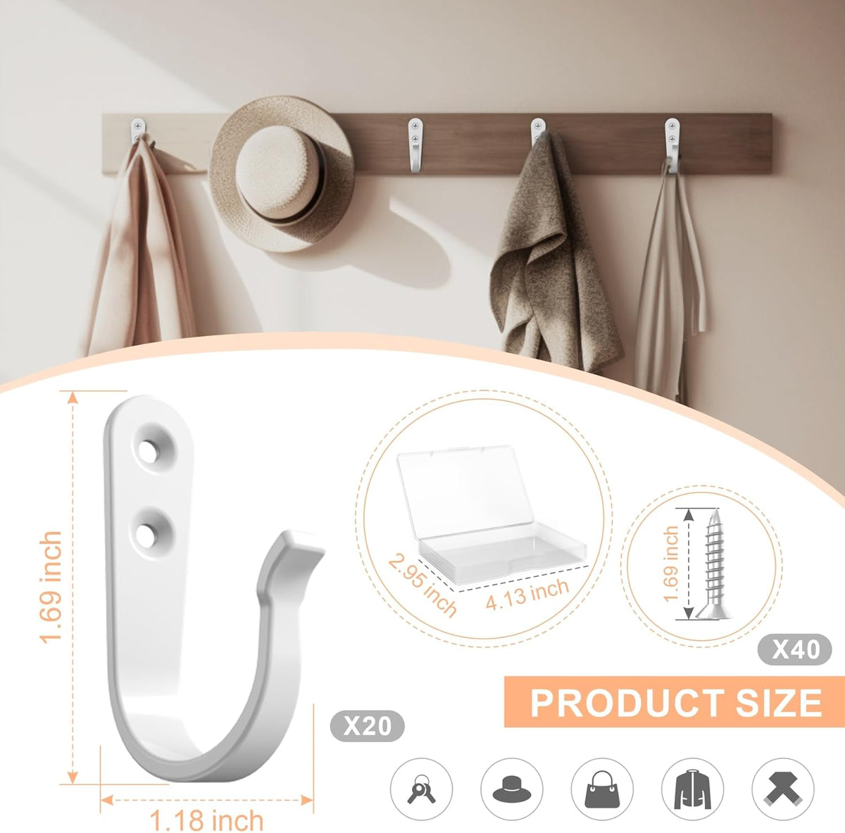 Hook for Hanging - 20PCS Hook for Hanging, Wall Hooks for Coats, Heavy Duty Single Prong Wall Hooks with 40 Pieces Screws (White)