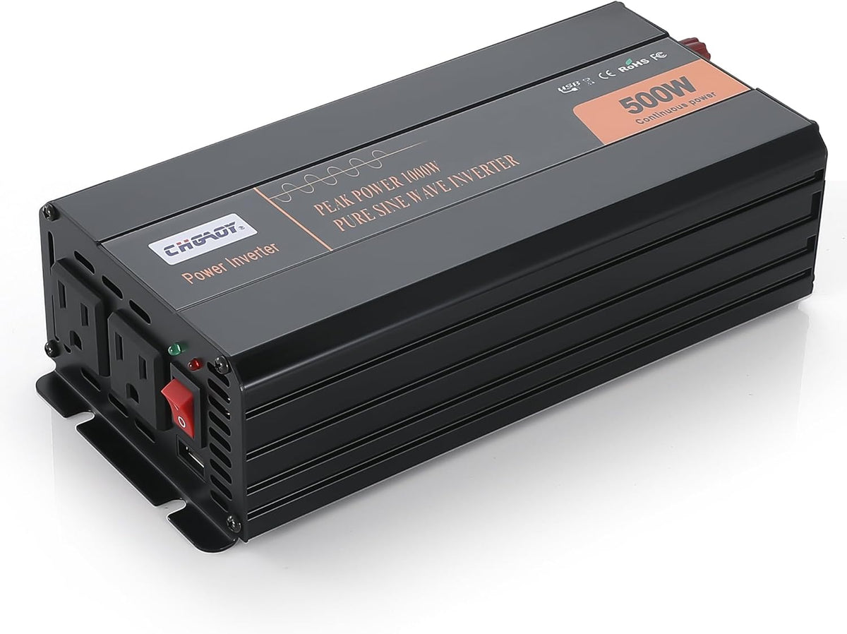 500W Pure Sine Wave Inverter 12V DC to 120V AC Converter for Home, RV, Truck, Off-Grid Solar Power Inverter with Built-in 5V/2.1A USB, Reliable Cable, Remote Controller