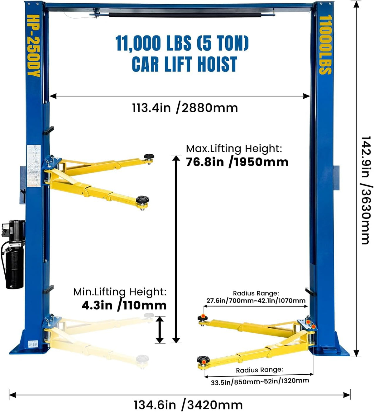 110V Two Post Car Lift 11,000 LBS Overhead Heavy Duty 2 Posts Auto Hoist Truck Lift for Garage w/ 36 Months Parts Replacement