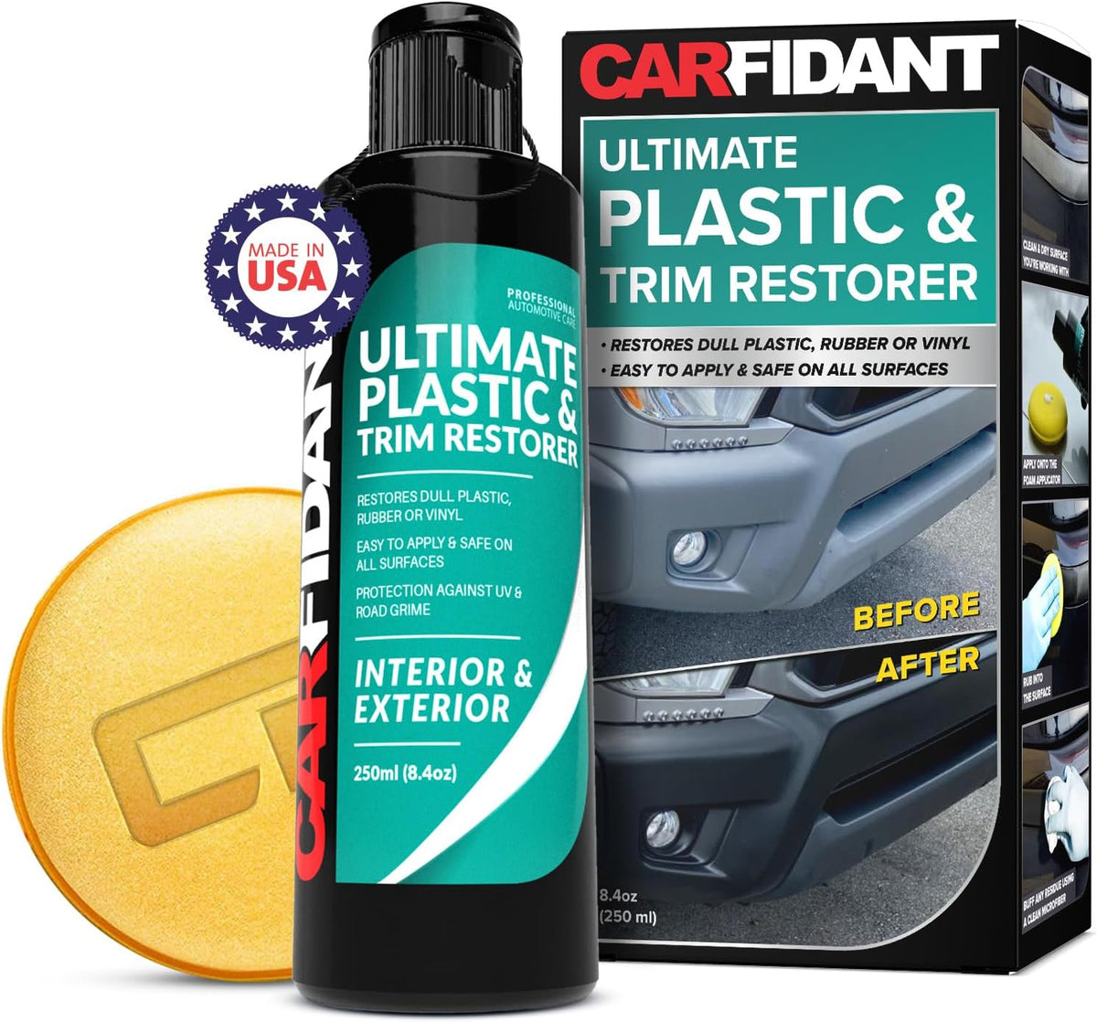 Carfidant Plastic Restorer for Cars – Refreshes Faded Plastic, Vinyl & Rubber Trim with Polish for Deep Shine – Protects Against UV & Dirt – Black Exterior & Interior Care for Detailing - 8.4 fl. Oz.