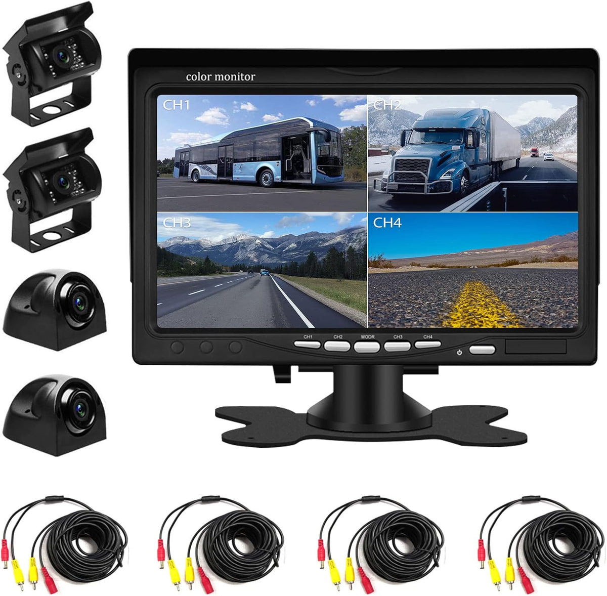 Backup Camera Kit 7 inch 4-Spilt Monitor Rear View Cameras with IP 67 Waterproof 18 IR Night Vision Car Camera for Tucks, RVs,Trailers,Bus,Vans + 4pcs 10m/393.7inch Cables