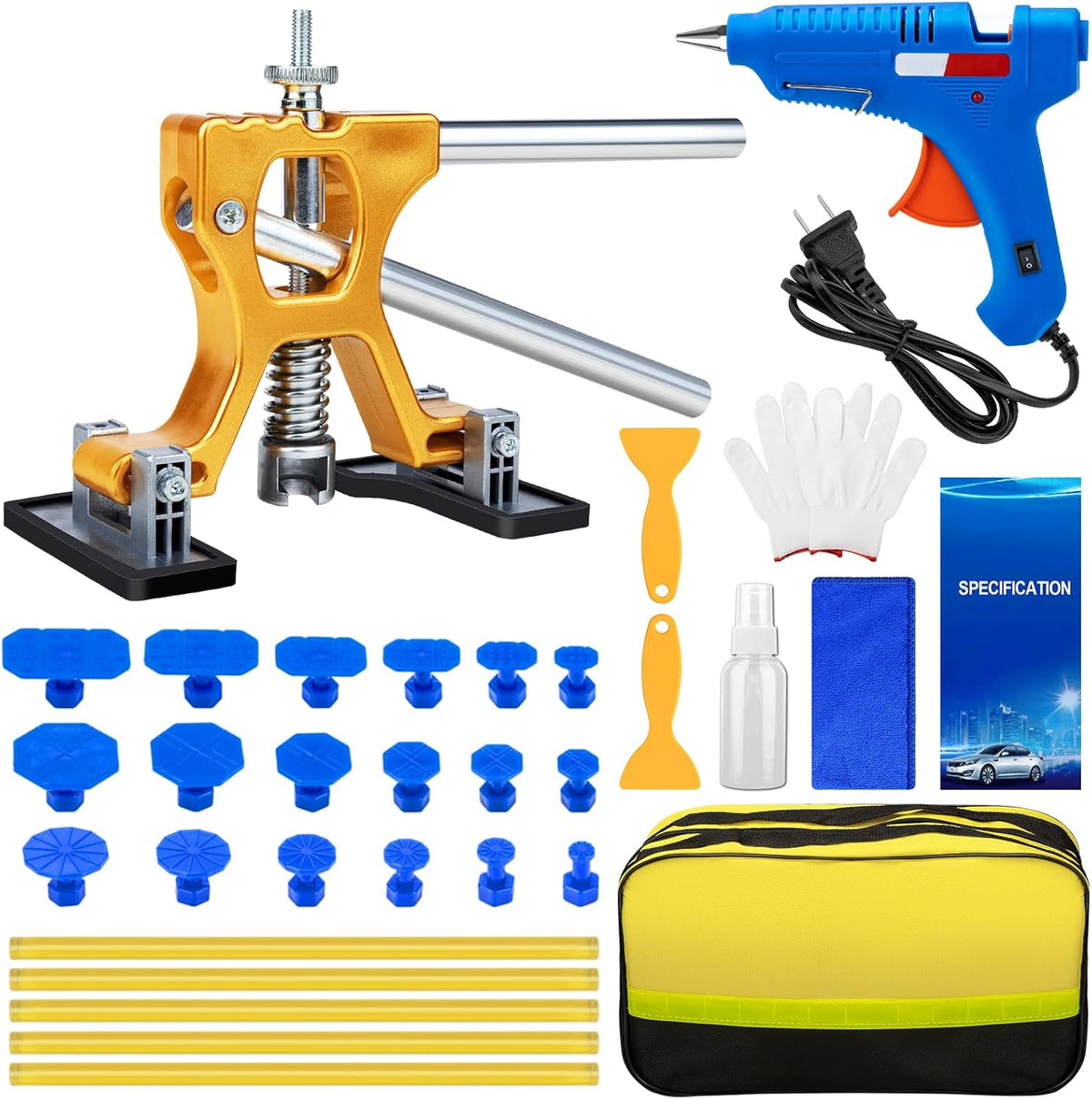 Dent Puller, Paintless Dent Removal Kit – All-in-One Car Dent Puller Kit with Golden Lifter–Dent Repair for Hail, Dings