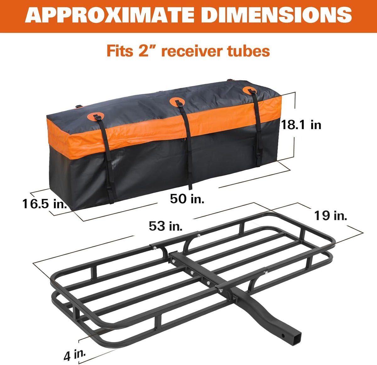 WEIZE Hitch Cargo Carrier Basket for SUV, Truck - 53x19 Inches, 500LB Capacity, with Waterproof Bag, Net Strap, Tightener, Powder Coated for Durability, Easy Installation, for Camping and Travel