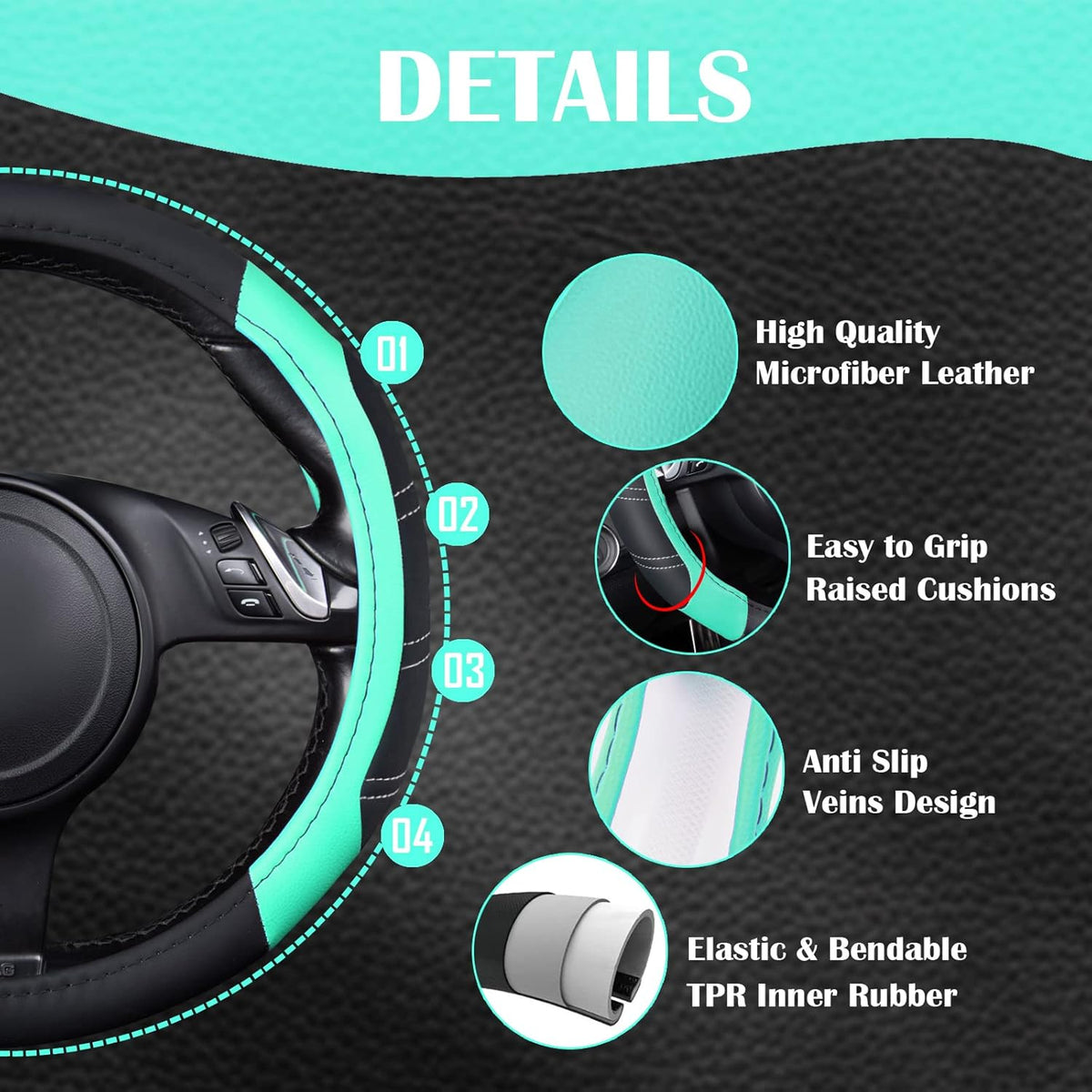 CAR PASS Line Rider Microfiber Leather Sporty Steering Wheel Cover Universal Fits for 95% Truck,SUV,Cars, 14.5-15 inch Anti-Slip Safety Comfortable Design (Black Mint Blue)