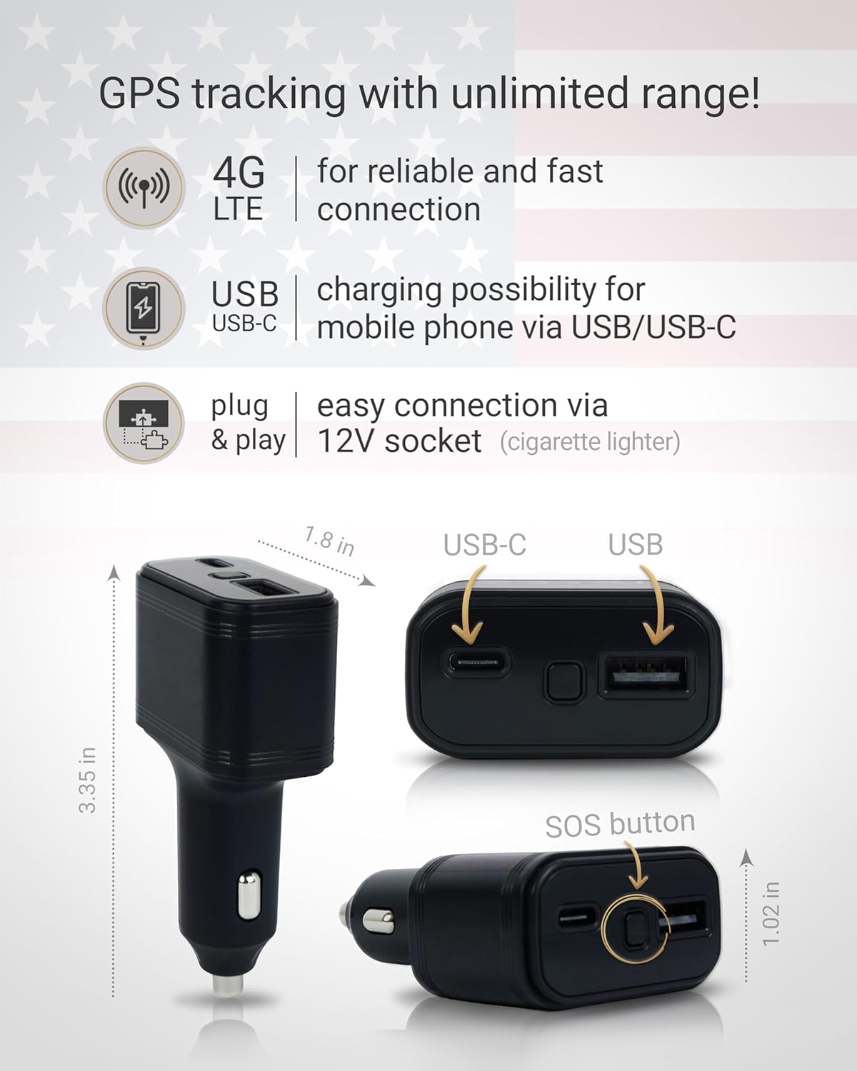 PAJ GPS USB GPS Tracker 4G – Mini Vehicle Tracker for Cars & Trucks – Direct 12V Connection via Cigarette Lighter Port, Built-in SOS Button – Worldwide Real-Time Tracking via App