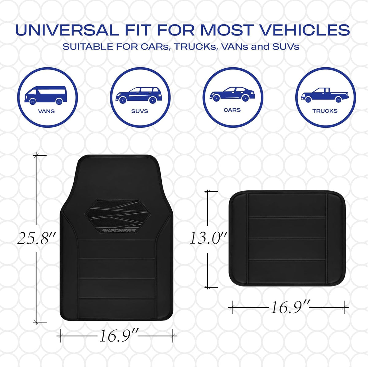 Skechers Memory Foam Car Mats, Leather Piping with Anti-Slip Pad, Universal Waterproof Fit Automotive Floor Mats for SUV, Vans, Sedans, Trucks, Full Set 4pcs Black