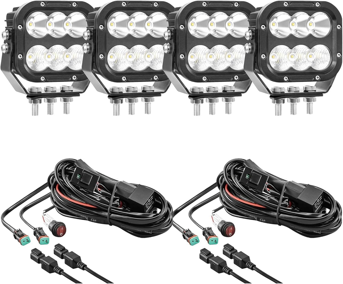 Off Road LED Pod Lights 5 Inch 120W 10000lm Offroad LED Work Light Pods for Truck Car Boat ATV Tractor 12V 24V Auxiliary Fog Lights, 【IP68 Waterproof With DT Wiring Harness】