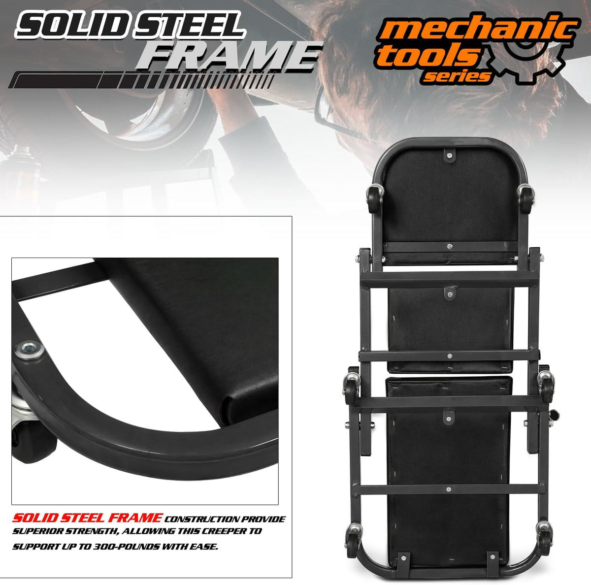 M-AUTO Foldable Z Creeper 2-in-1 Rolling Folding Car Creeper & Seat, 36" Adjustable Roller Garage Chair Lay Down or Sit, 330LBS Capacity Under Car Roller Creeper with 6 Swivel Casters, Black