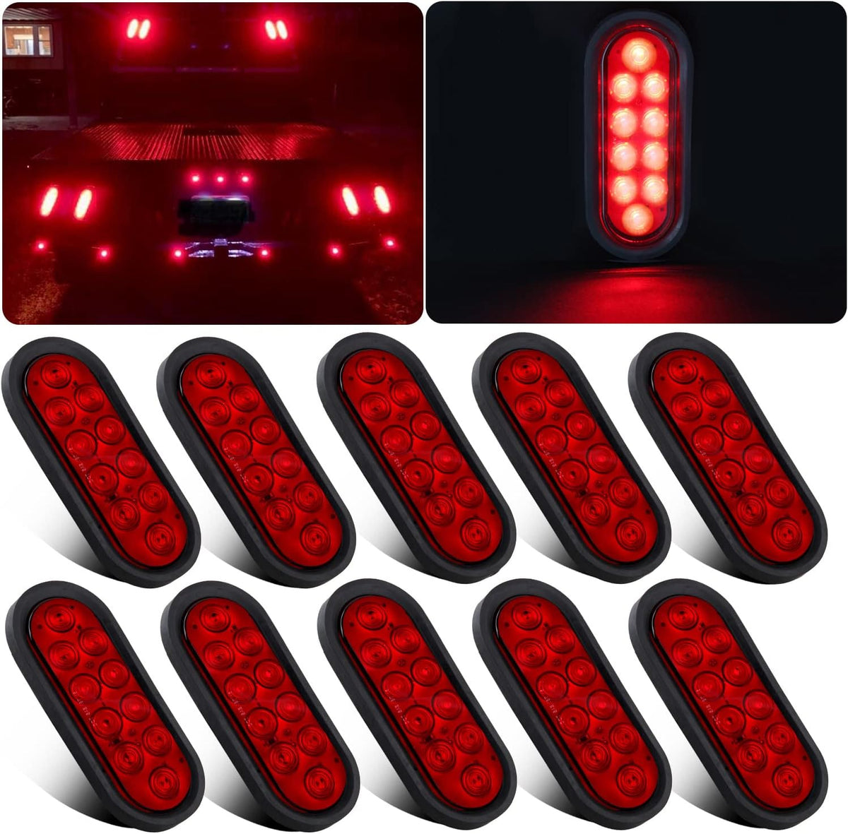 6 Inch Oval LED Trailer Tail Lights 10 LED, 10Pcs Trailer Truck Brake RED 6" Oval Led Stop Turn Tail Lights Sealed Flush Mount Waterproof w/Rubber Grommets 3 Prong Wire Plug Pigtails 12V