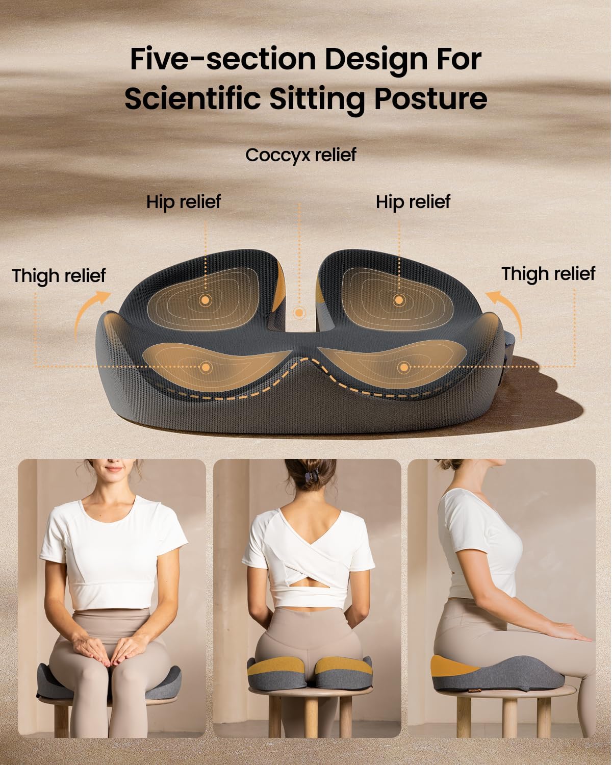 ProtoArc Seat Cushion, Office Chair Cushion for Sciatica, Coccyx Cushion, Ergonomic Memory Foam Seat Cushion for Car, Home, Pressure Relief Pad for Hip, Tailbone, All Day Comfort - Black&Gray